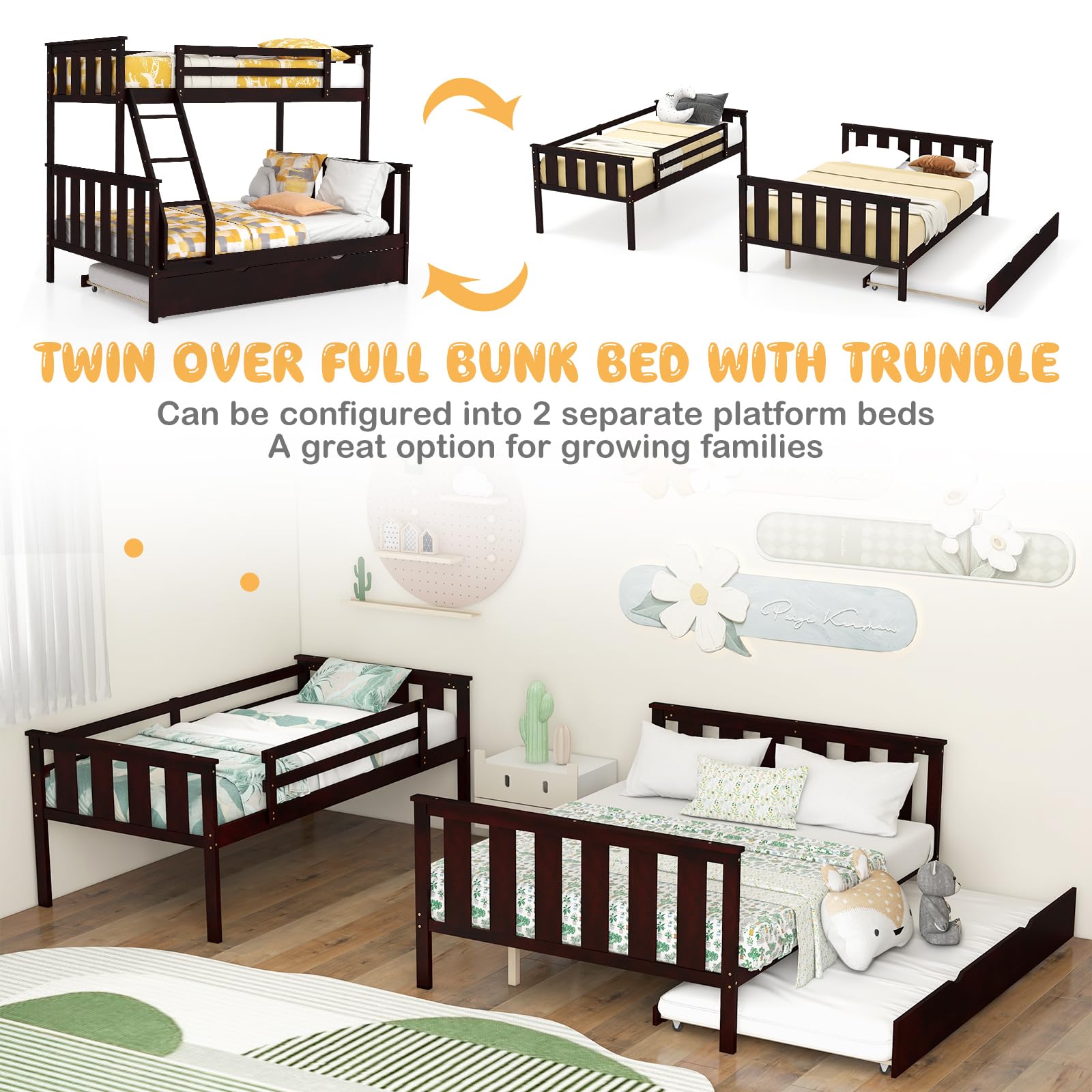 KOMFOTT Convertible 3-in-1 Twin Over Full Bunk Bed with Trundle