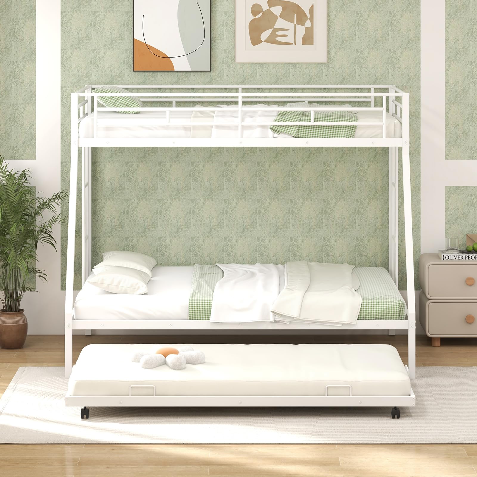 KOMFOTT Twin Over Full Bunk Bed with Trundle, Heavy-Duty Metal Bunk Bed Frame with Guardrail & 2 Ladders