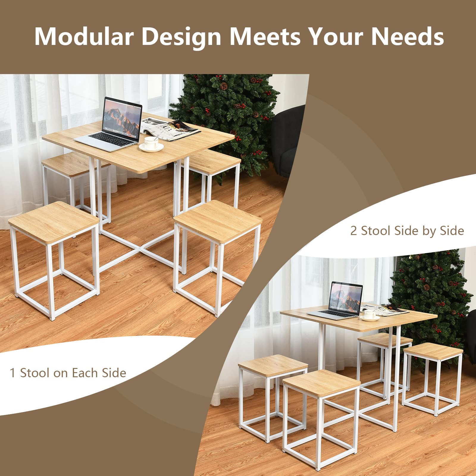 KOMFOTT 5 Piece Dining Table Set, Counter Kitchen Table and Chair Set for 4 Includes 1 Square Table and 4 Stools