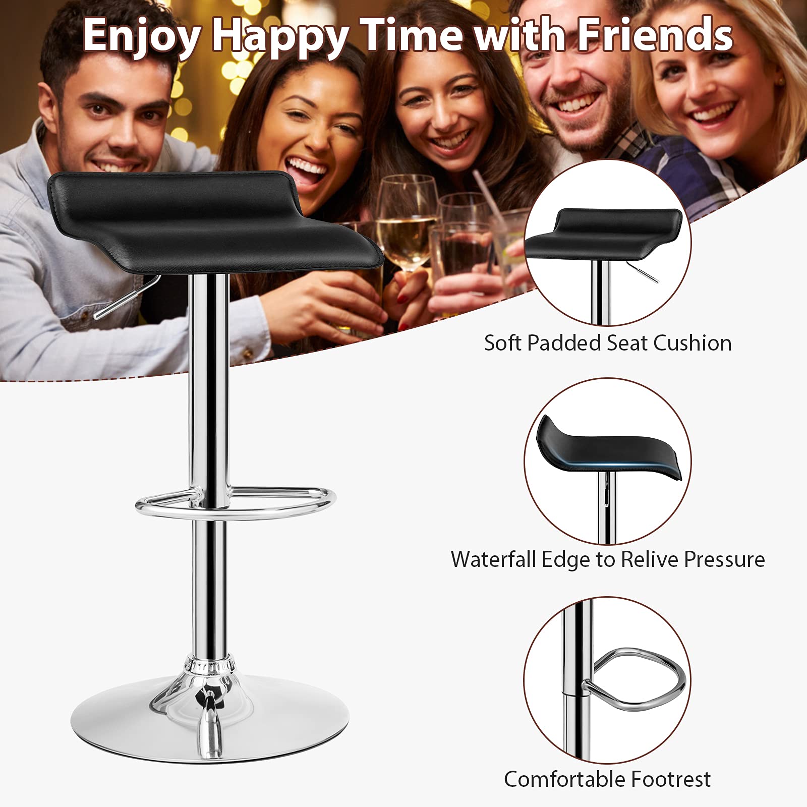 KOMFOTT Bar Stools Set of 2/4, Adjustable Swivel PU Leather Barstools w/Footrest, Chrome Base