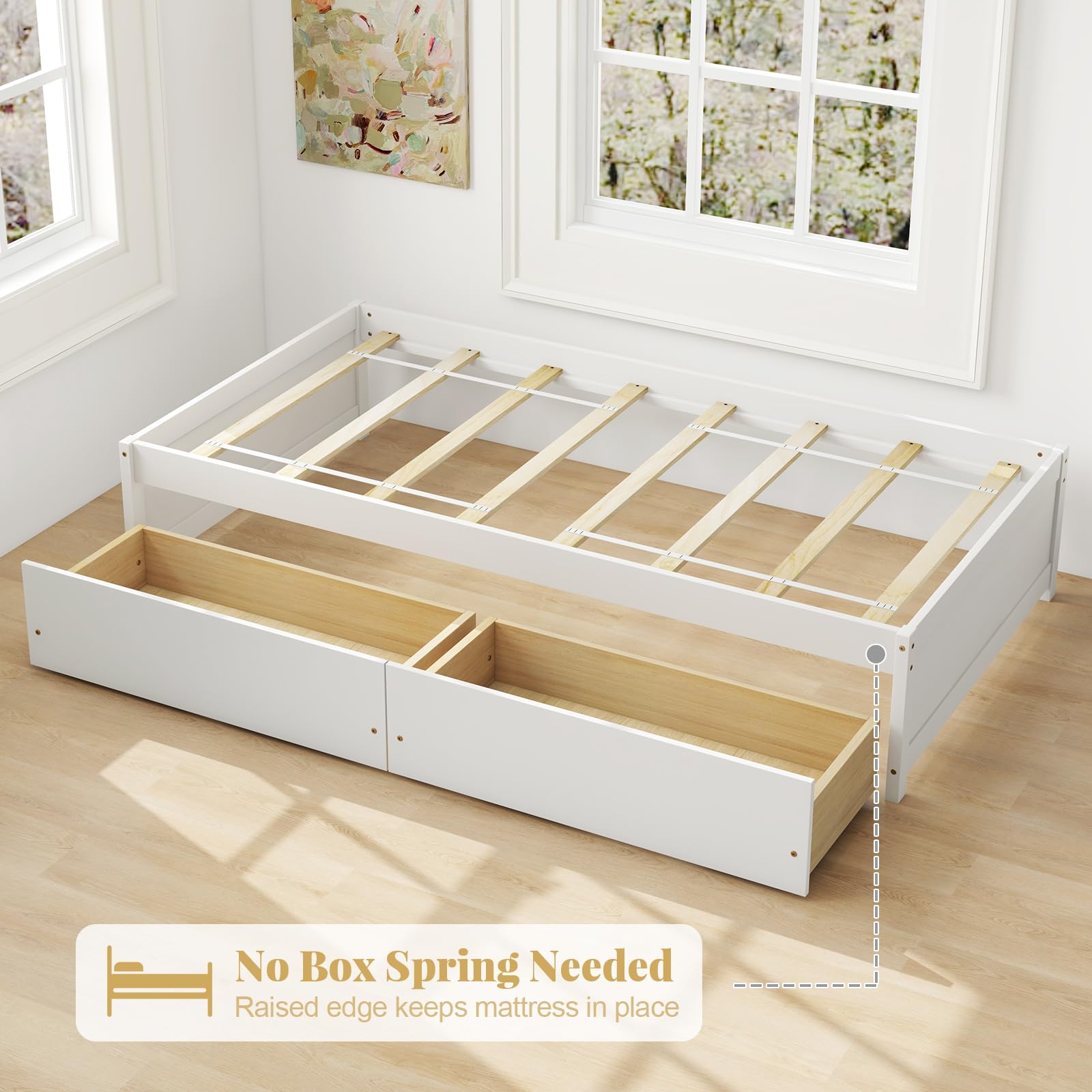 KOMFOTT Twin Bed Frame with 2 Storage Drawers, Solid Wood Platform Bed with Slats Support