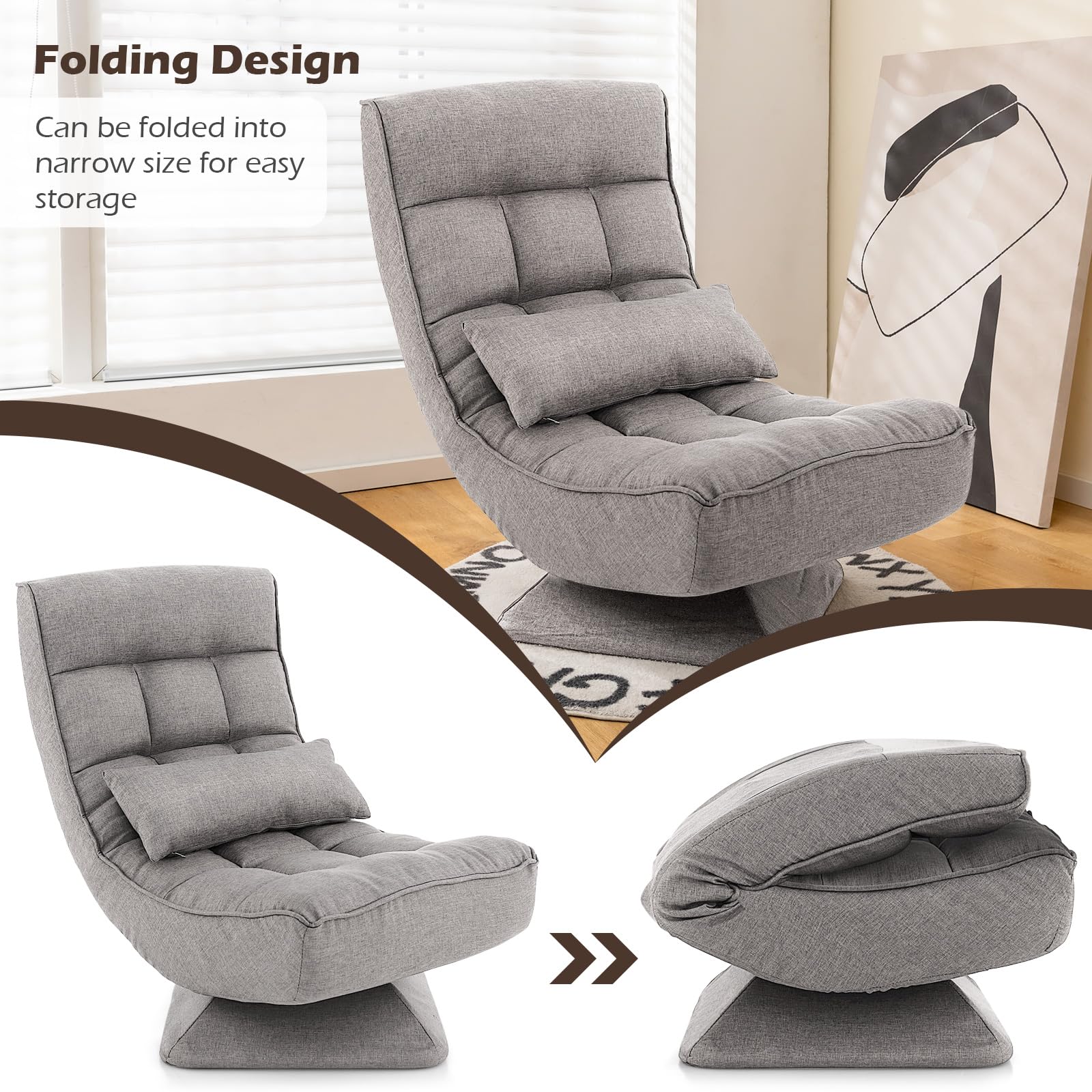 KOMFOTT Adjustable Swivel Floor Chair - 5 Position Video Game Chair with Swivel Base, Steel Frame, Massage Lumbar Pillow