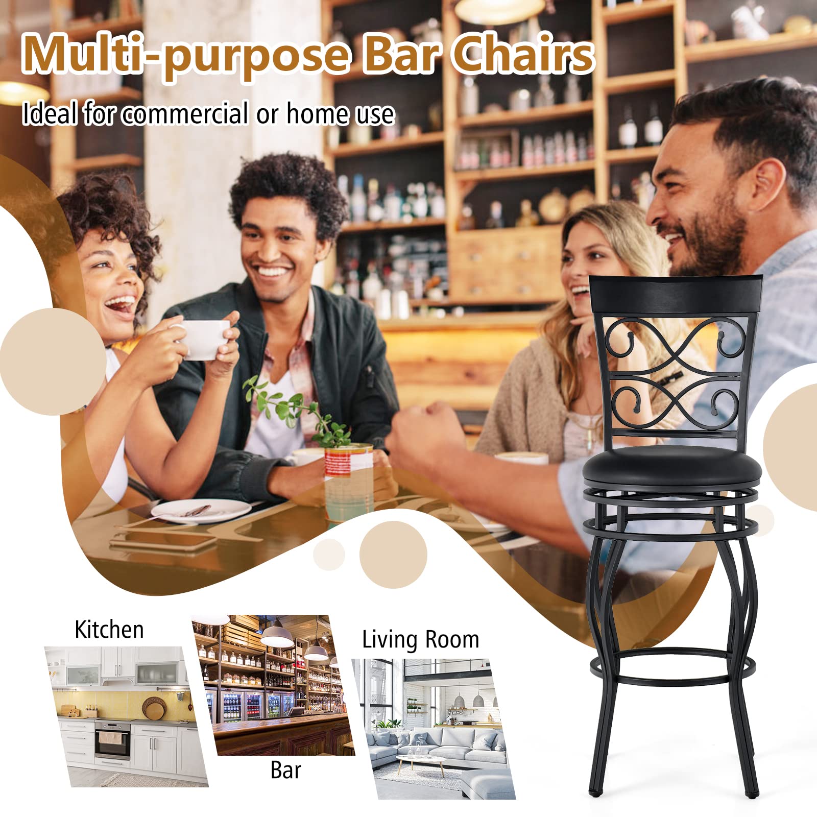 KOMFOTT Bar Stools Set of 2/4, 360 Degree Swivel, 26" & 30" Bar Height Bar Stools, Leather Padded Seat