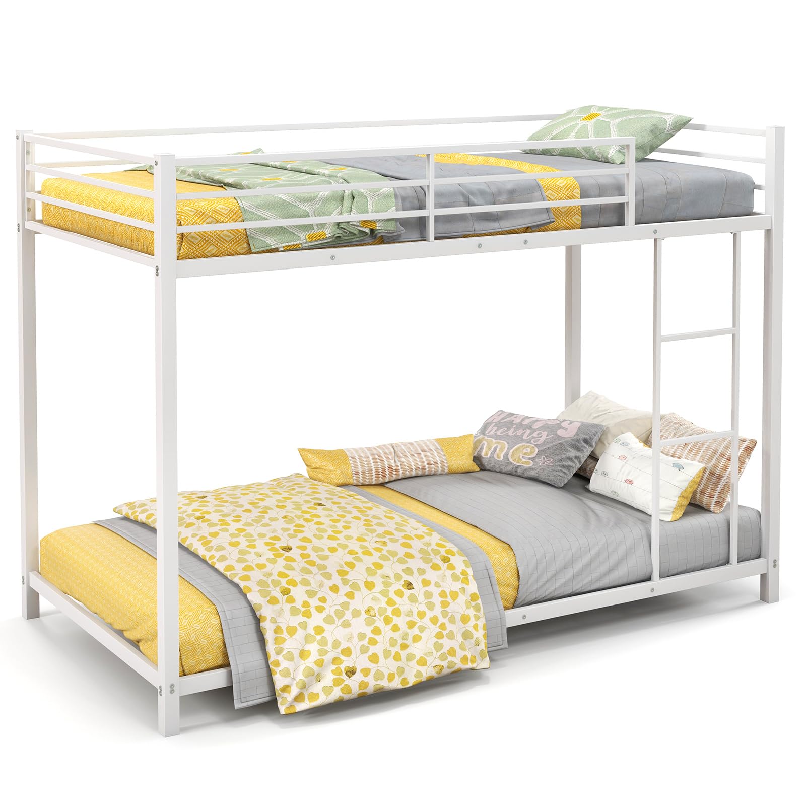 KOMFOTT Twin Over Twin Metal Low Floor Bunk Bed with Safety Guard Rail & Ladder