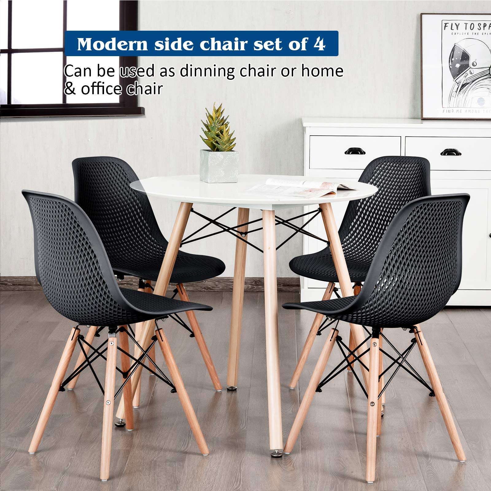 KOMFOTT Set of 4 Modern Dining Chairs, Outdoor Indoor Shell PP Lounge Side Chairs with Mesh Design, Beech Wood Legs