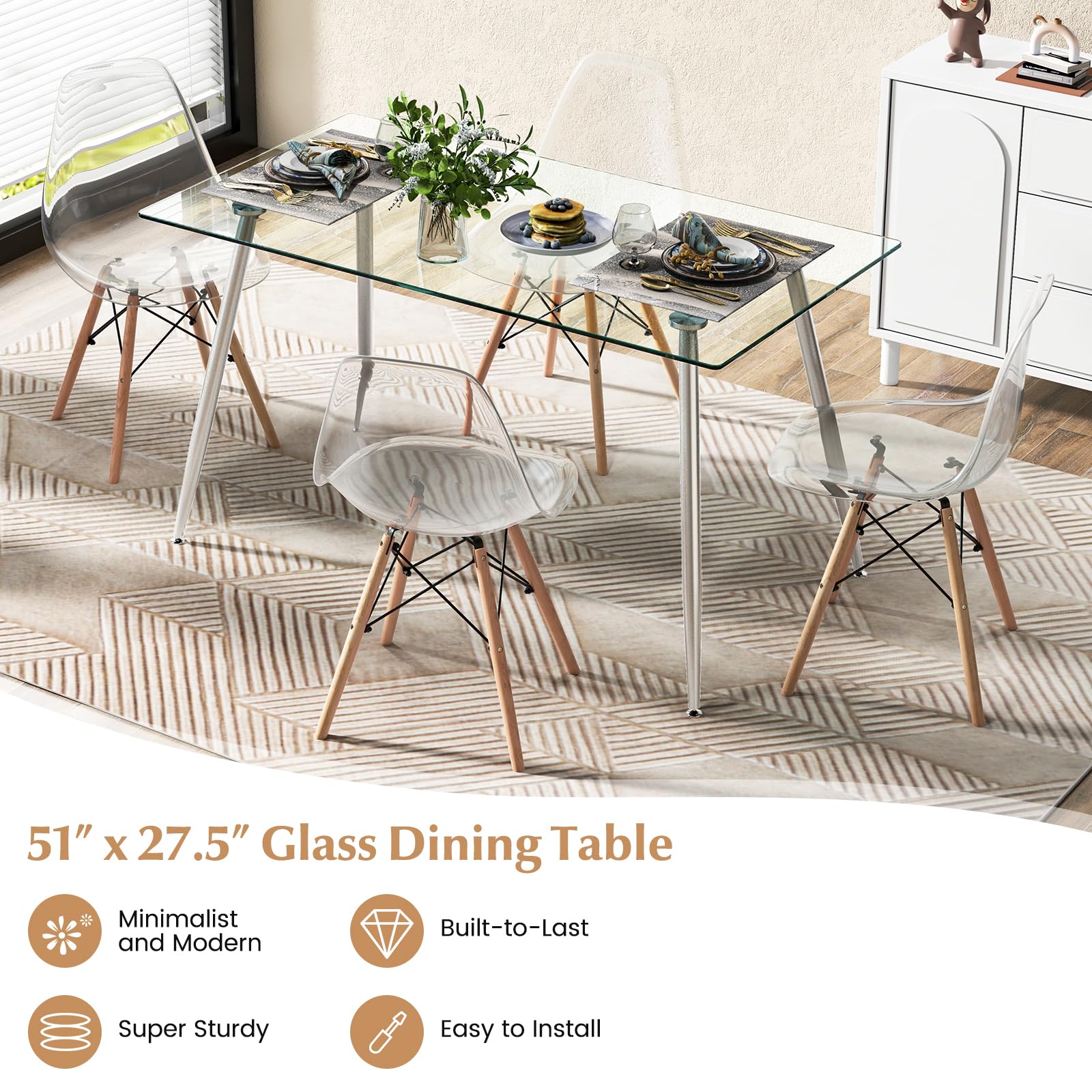 KOMFOTT Glass Dining Table, Modern Rectangular Table with Spacious Tempered Glass Tabletop, 51 x 27.5 x 29.5 Inch