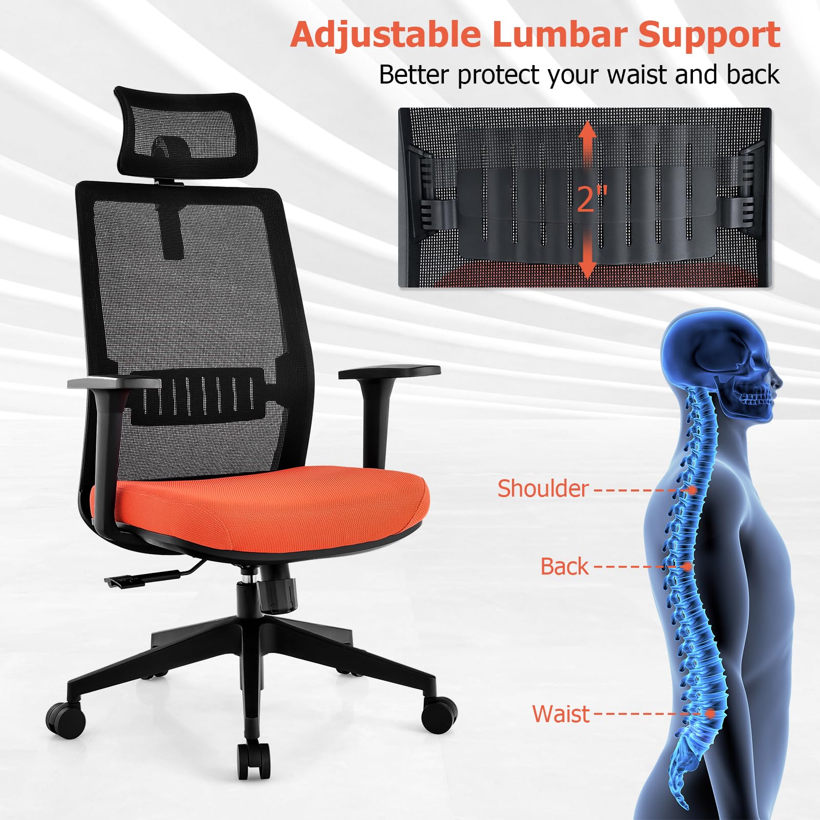 KOMFOTT Ergonomic Mesh Office Chair with Adjustable Lumbar and 3D Headrest