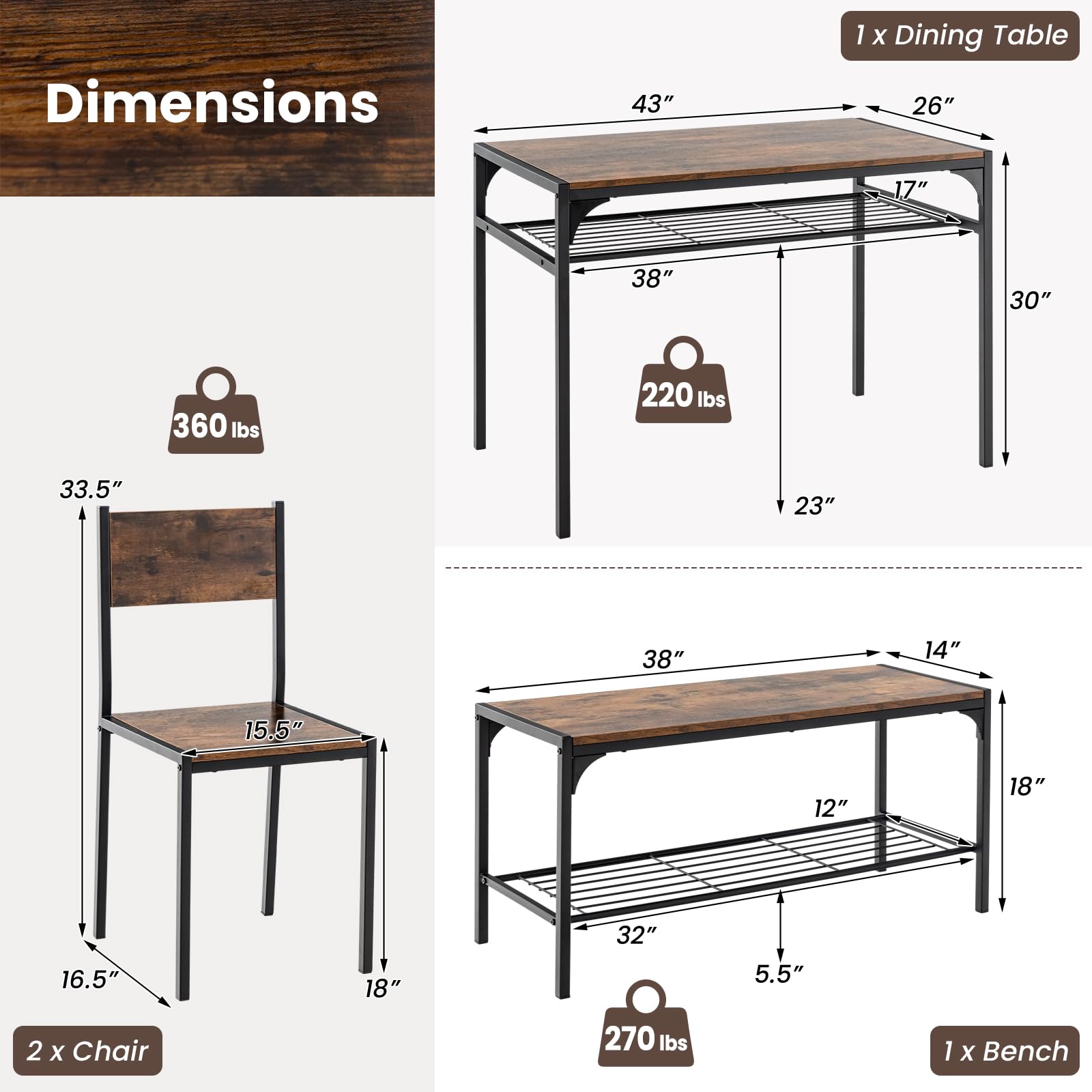 KOMFOTT Dining Table Set for 4, Industrial Rectangular Table w/ 2 Chairs, 1 Bench, Storage Racks, Sturdy Metal Frame