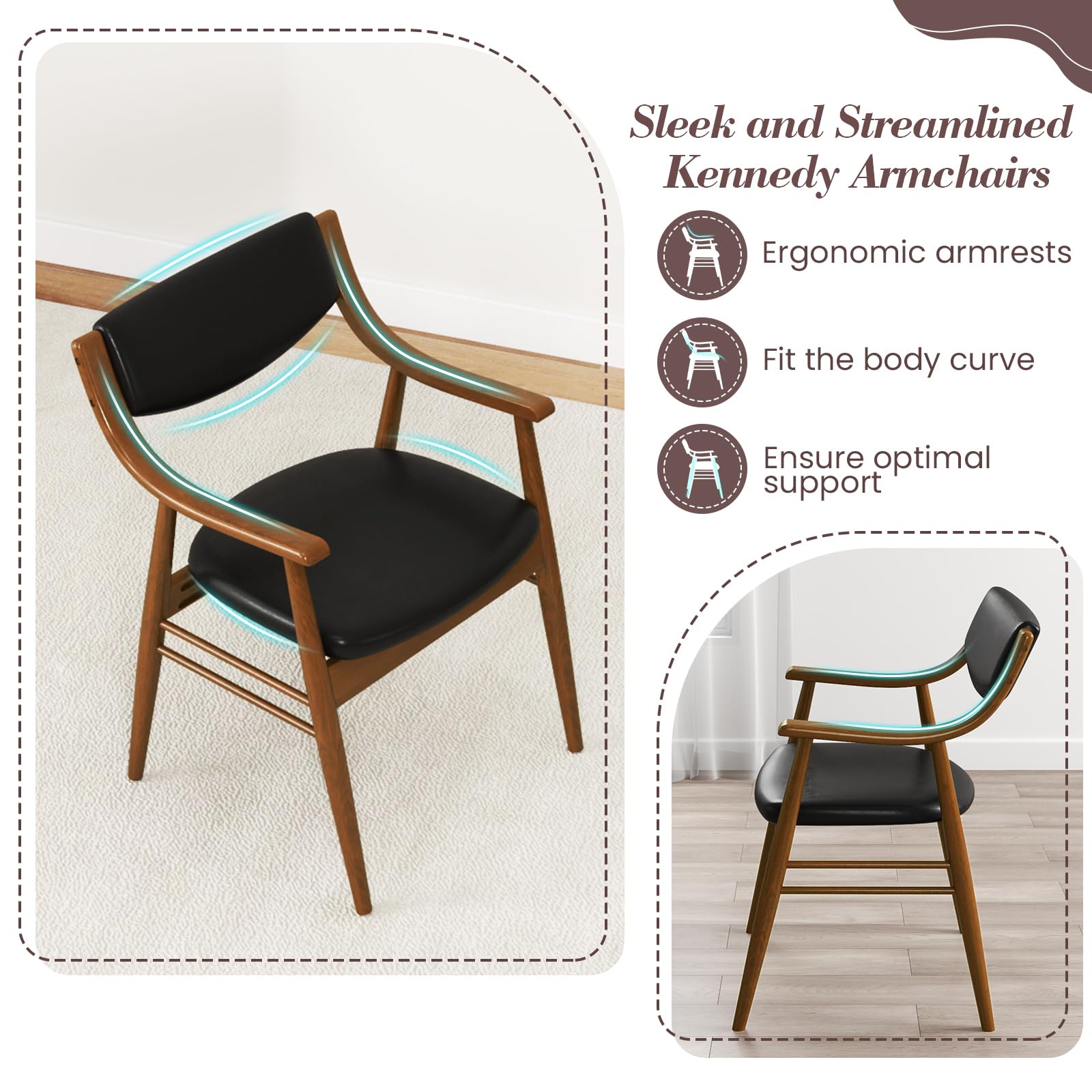 KOMFOTT Wooden Dining Chairs Set of 2/4, PU Leather Upholstered Kitchen Chairs w/Padded Seat & Back, Rubber Wood Frame