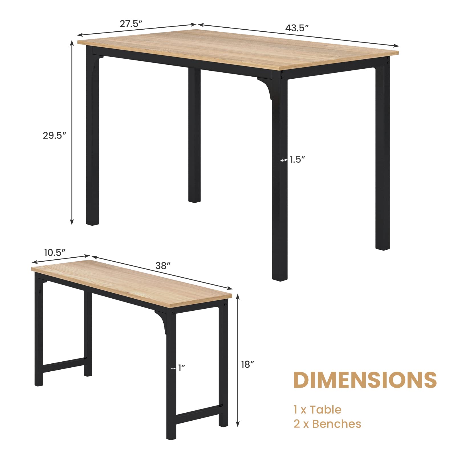 KOMFOTT Dining Table Set with 2 Benches, Industrial Kitchen Table & Chairs with Metal Frame