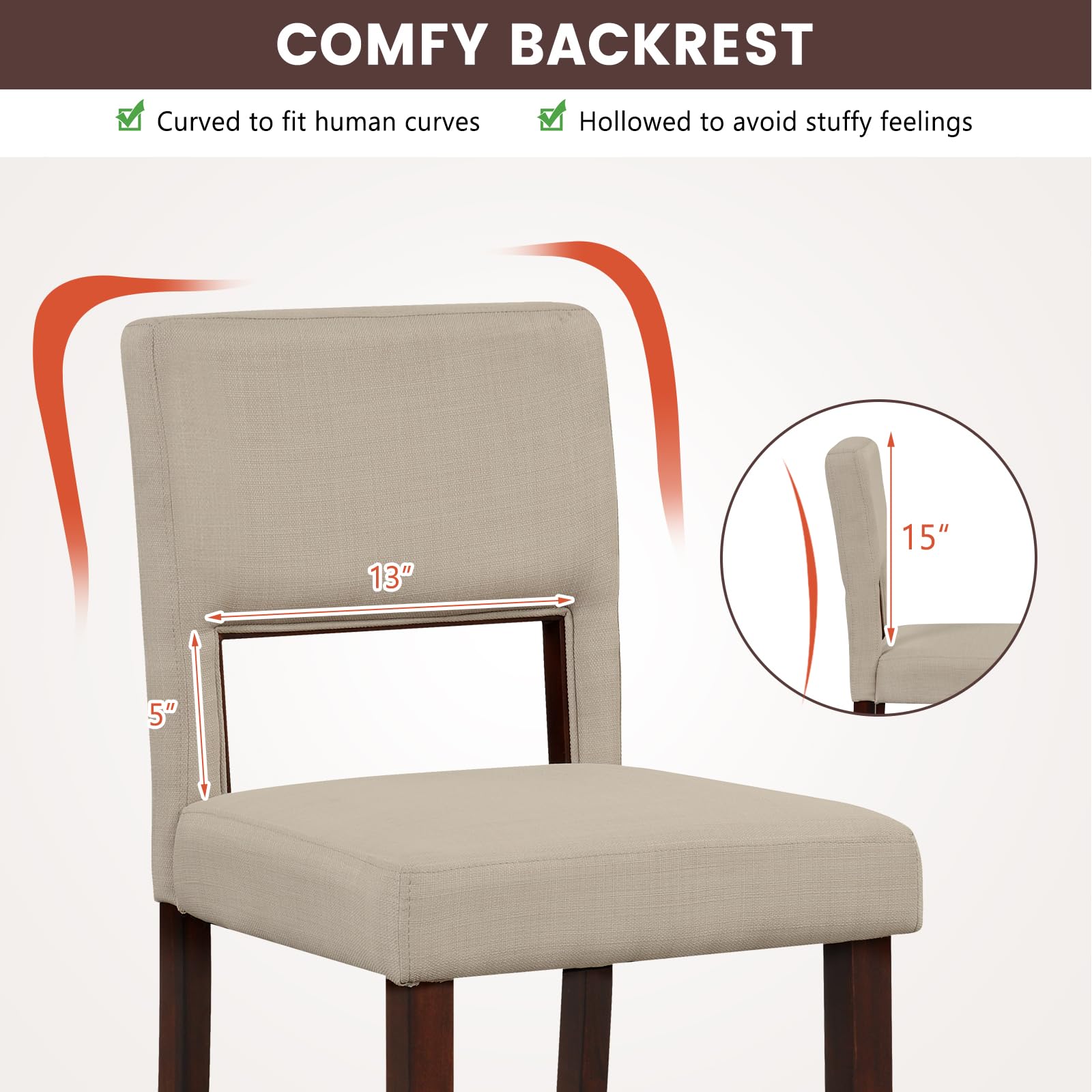 KOMFOTT 24.5" Counter Height Bar Stools Set of 2, Linen Barstools with Back, Rubber Wood Legs