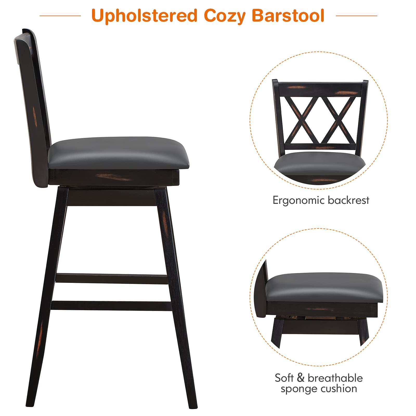 KOMFOTT Bar Stool Set of 2/4, 360 °Swivel Bar Stool with Foot Rest Upholstered Cushion & Ergonomic Backrest