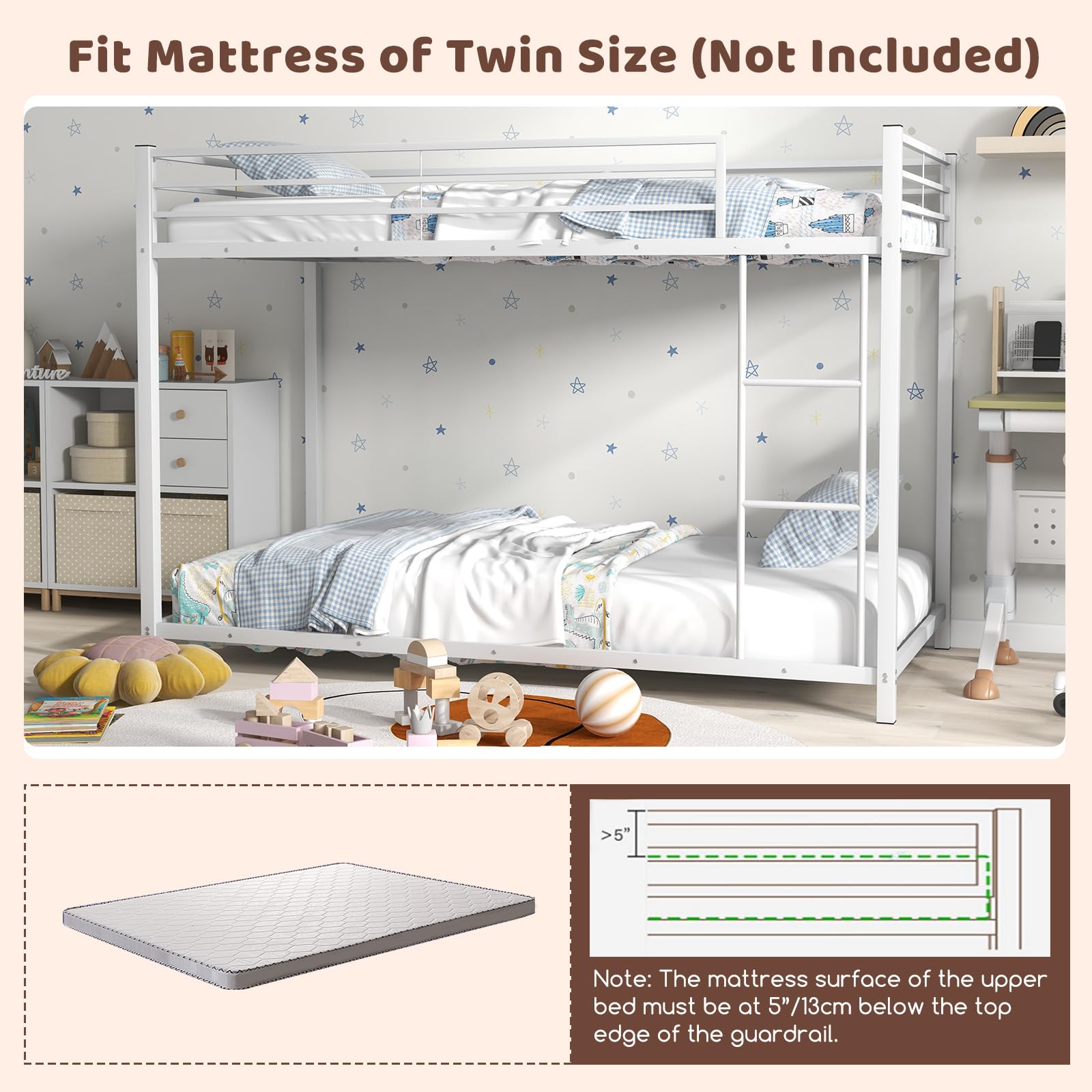 KOMFOTT Twin Over Twin Metal Bunk Bed with Safety Guard Rails & Side Ladder