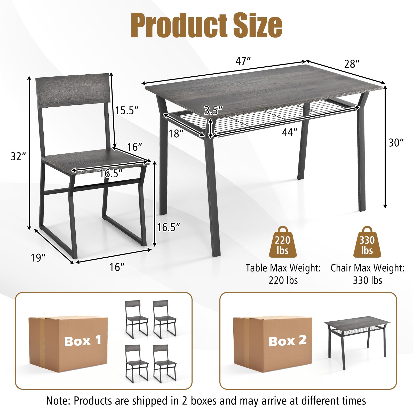 KOMFOTT Dining Table Set for 4, 47”L x 28”W Rectangular Kitchen Table w/ 4 Trapezoid Chairs, Reinforced Metal Frame & Storage Rack