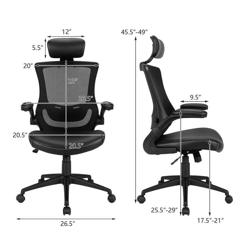 KOMFOTT High Back Office Chair w/Flip up Armrest, Mesh Executive Chair w/PU Leather Seat, Adjustable Lumbar Support & Headrest
