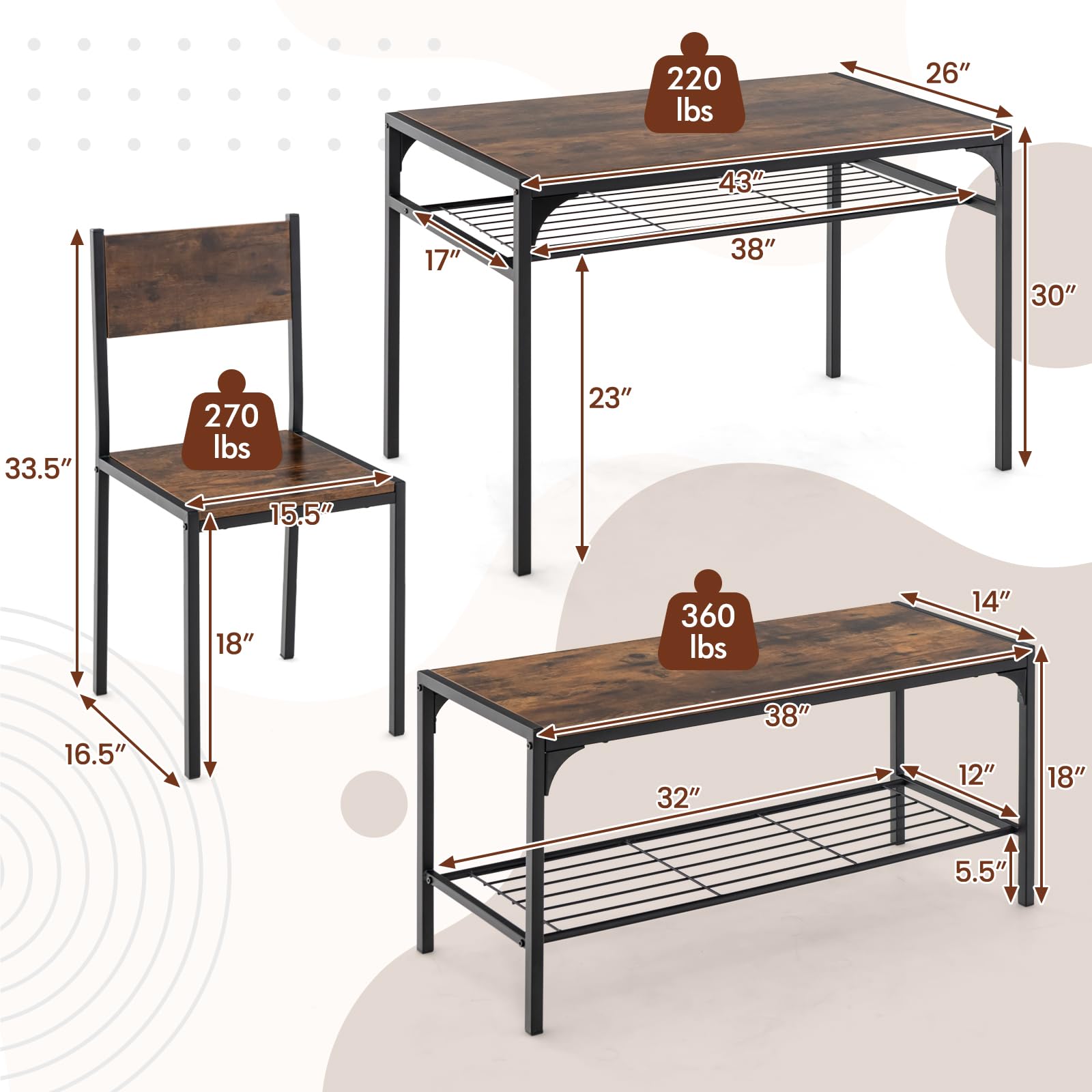 KOMFOTT 4 Pieces Dining Table Set, Kitchen Table and 2 Chairs for 4 with Bench, Storage Racks