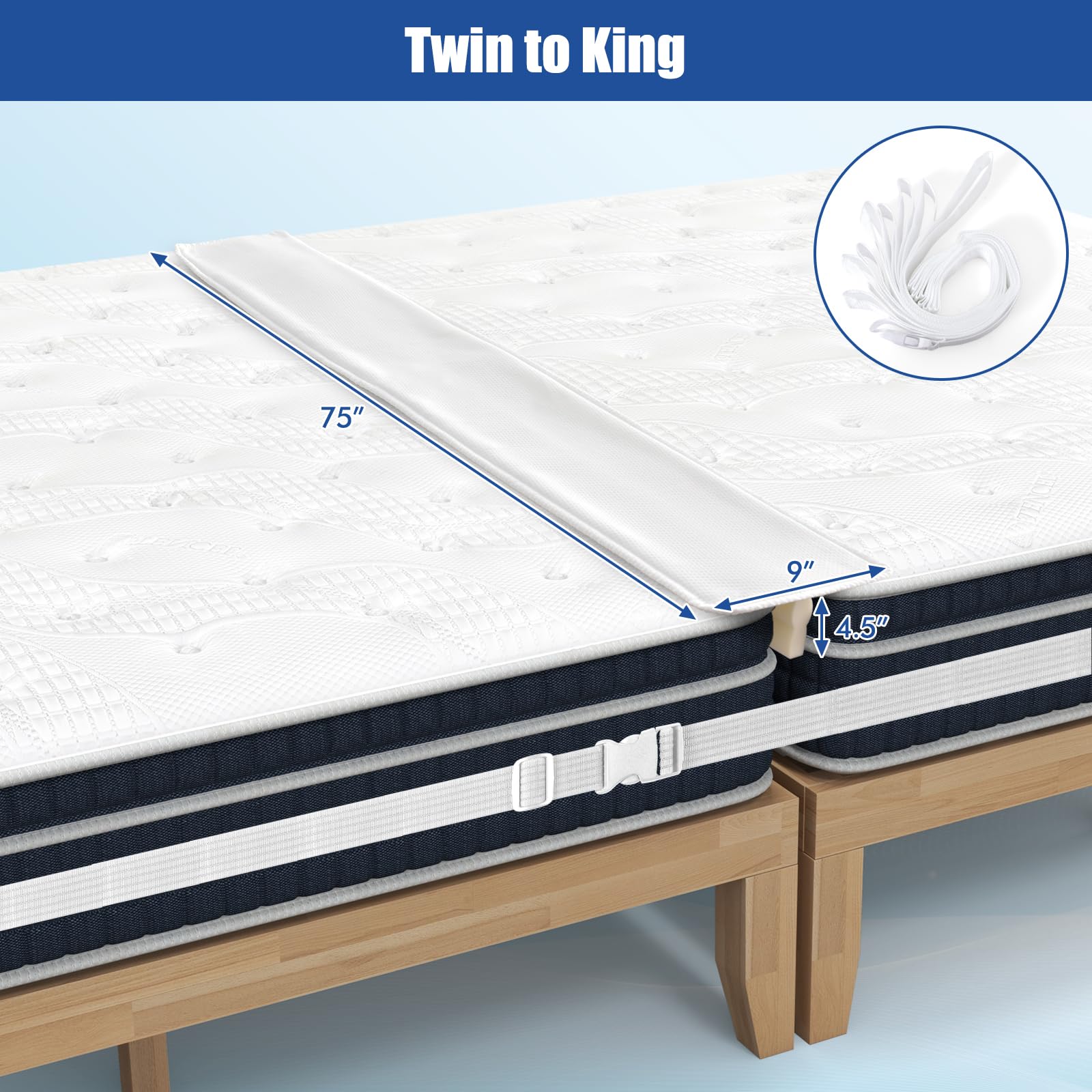 KOMFOTT 75” X 9” Wide Bed Bridge Twin to King Converter Kit, Mattress Connector Kit with Adjustable Strap, Split King Gap Filler