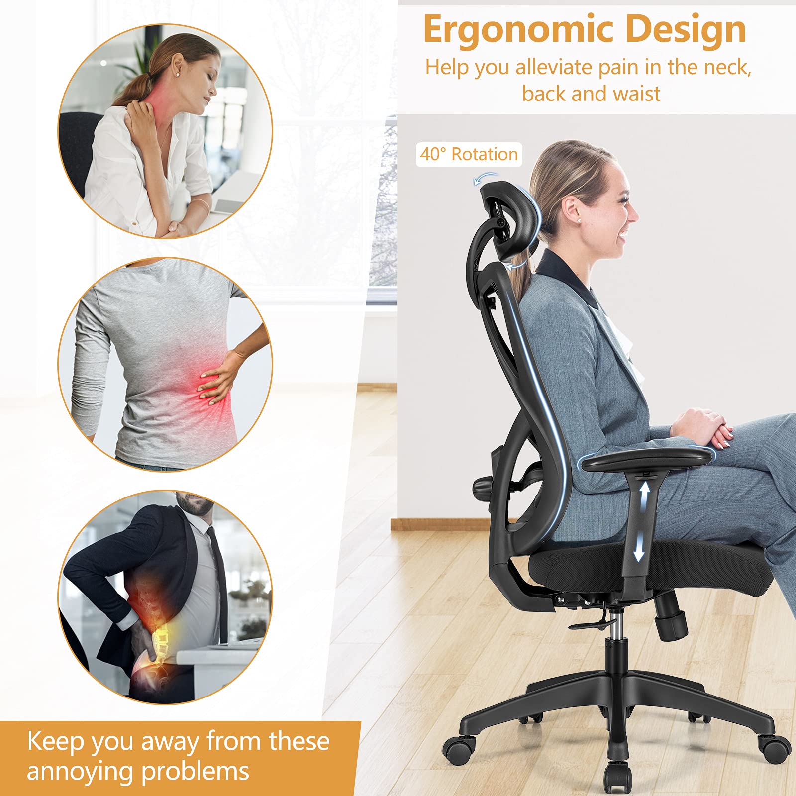 KOMFOTT Ergonomic Office Chair with Adjustable Lumbar Support, Armrests and Headrest