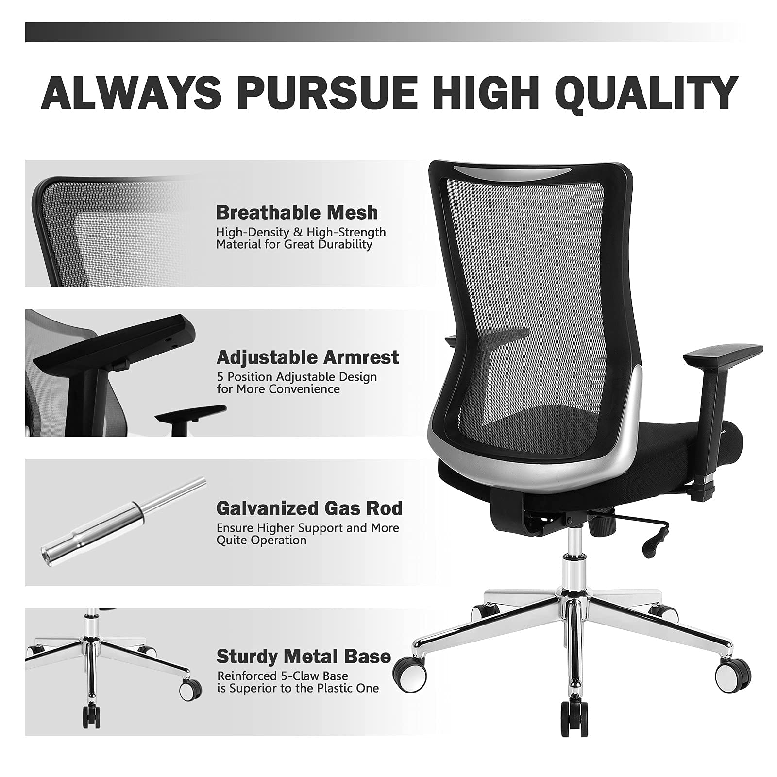 KOMFOTT Ergonomic Office Chair, Mesh Desk Chair with Adjustable Seat Depth, Computer Chair with Wheels and Rocking Function