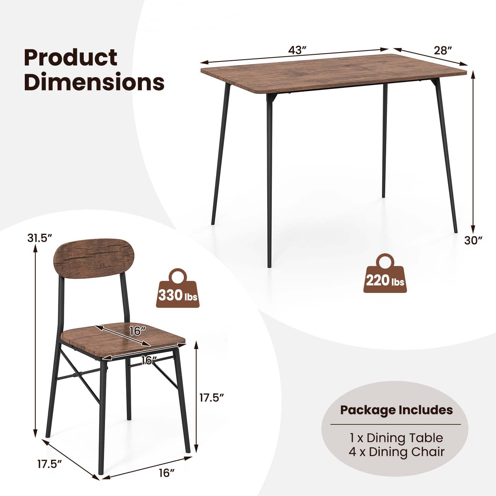 KOMFOTT Dining Table Set for 4, Mid-Century Kitchen Furniture Set with Kitchen Table, 4 Dining Chairs