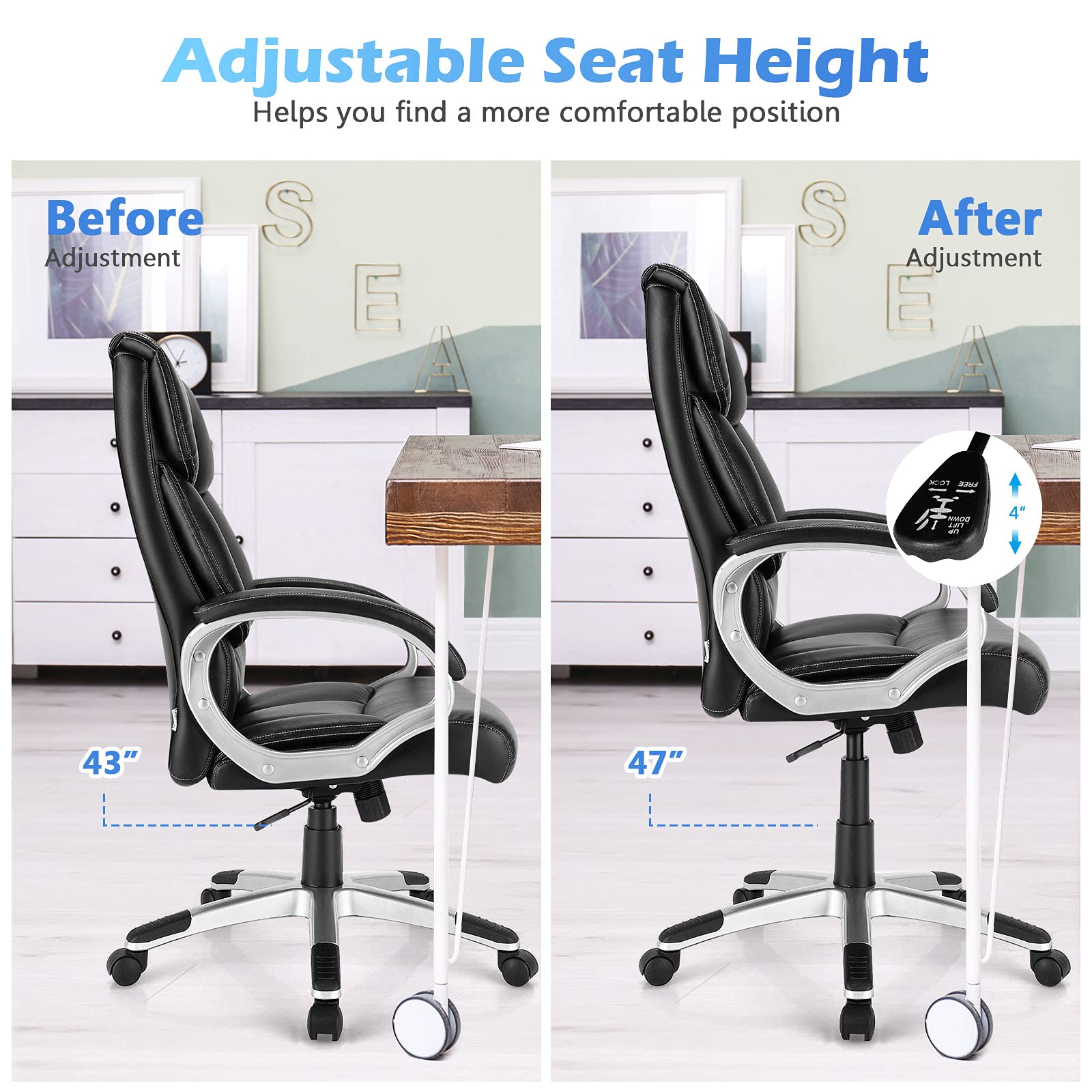 KOMFOTT Executive Office Chair, Leather High Back Managerial Chair, Big and Tall Desk Chair with Soft Padded Armrest