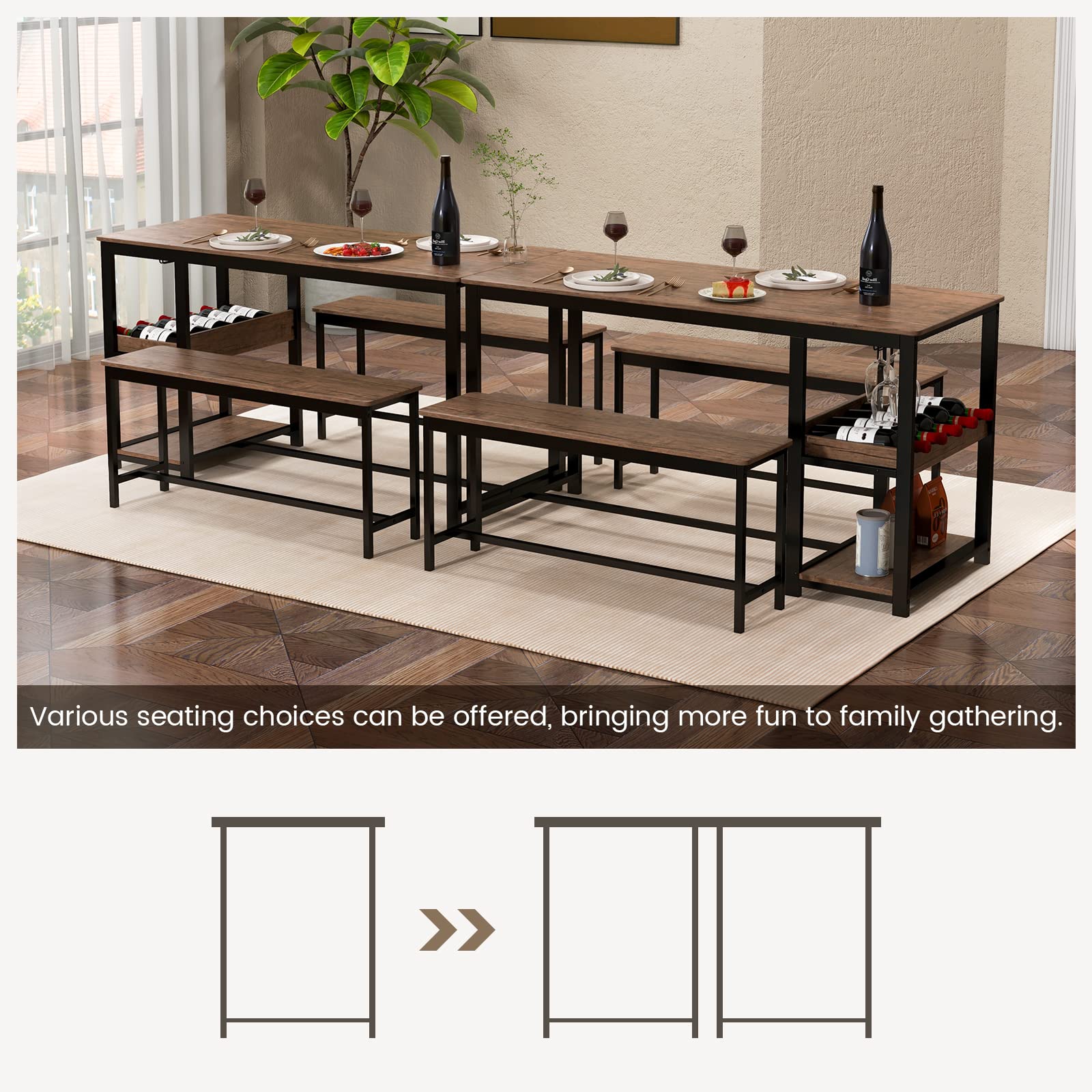 KOMFOTT Dining Table Set for 4, 3-Piece 55" L Kitchen Table Set w/ 2 Benches, Breakfast Table w/ 5-Bottle Wine Rack & Glass Holder