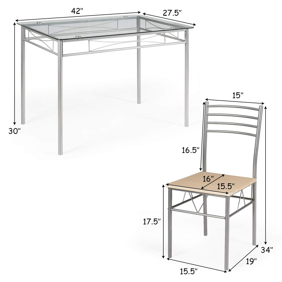 KOMFOTT 5 Piece Dining Table Set, Kitchen Dining Set with Tempered Glass Table Top and 4 Chairs