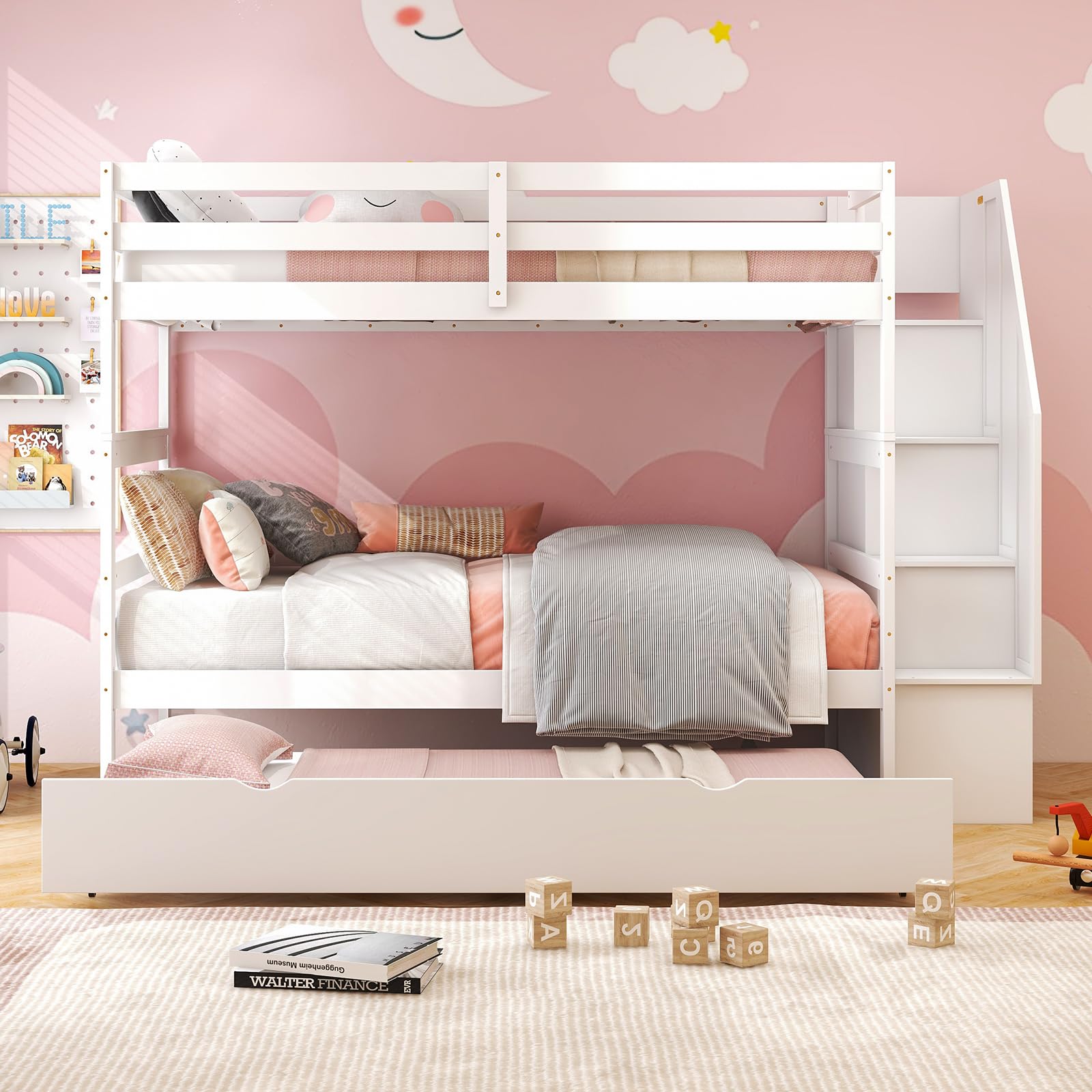 KOMFOTT Wood Twin Over Twin Bunk Bed with Trundle & Storage Stairs, Convertible to 2 Separated Beds