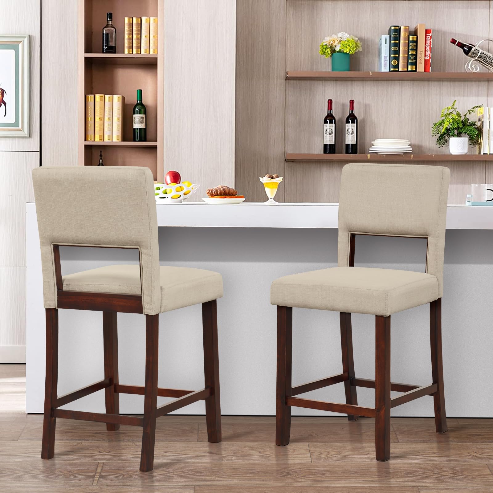 KOMFOTT 24.5" Counter Height Bar Stools Set of 2, Linen Barstools with Back, Rubber Wood Legs