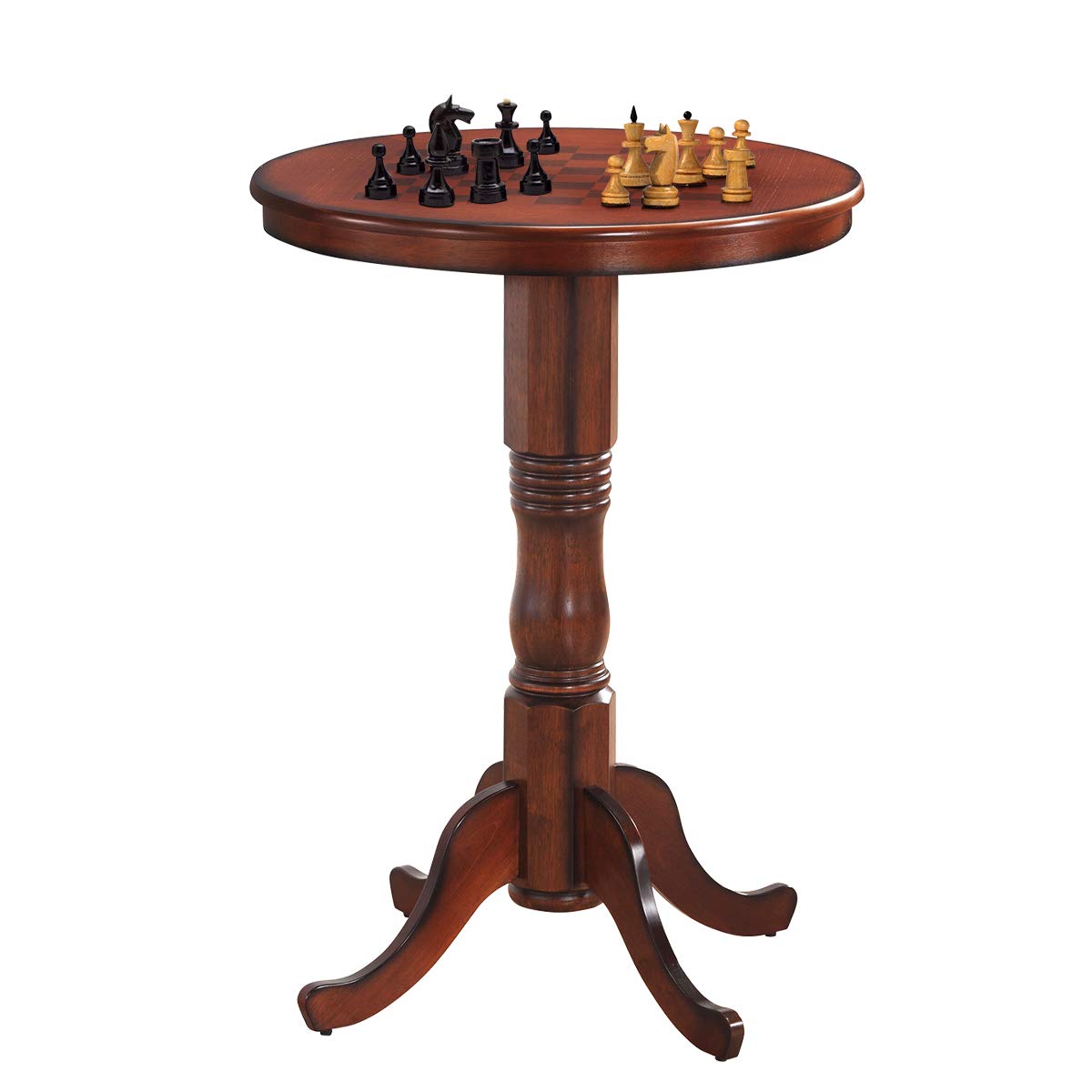 KOMFOTT Round Dining Table, Wooden Pub Pedestal Side Table W/Chessboard, Adjustable Foot Pads