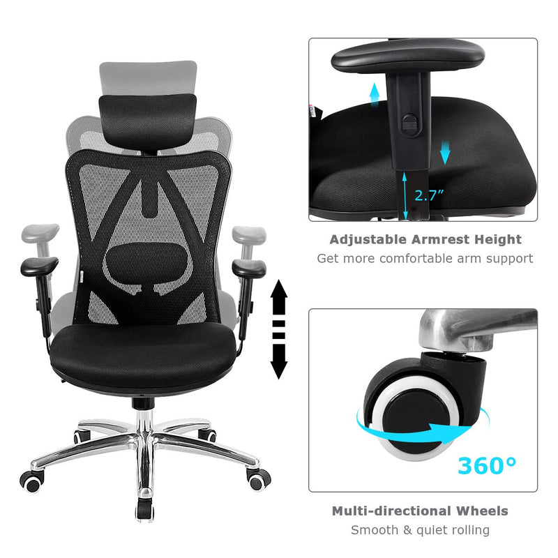 KOMFOTT Ergonomic Office Chair, Mesh Office Chair with Adjustable Headrest, Tilt-Down Backrest Mesh Adjustable High Back Office Chair