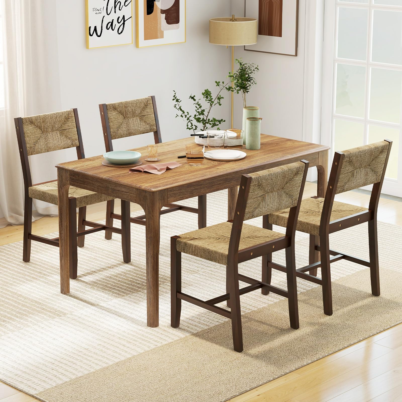 KOMFOTT Rattan Dining Chairs Set of 4, Farmhouse Cane Side Chairs w/Woven Seaweed Backrest & Seat