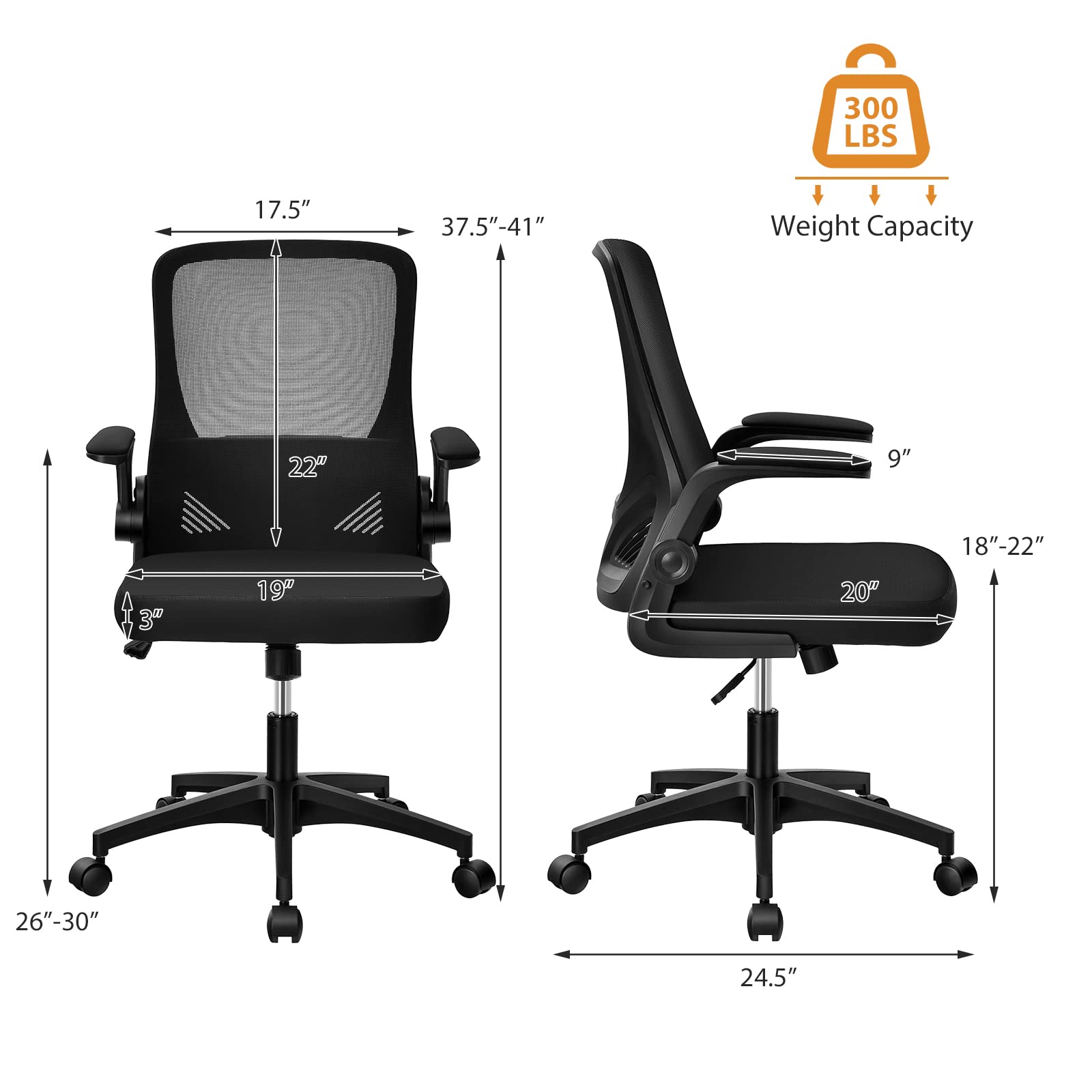 KOMFOTT Ergonomic Office Chair w/Foldable Backrest, Mid Back Mesh Chair with Lumbar Support, Flip up Arms