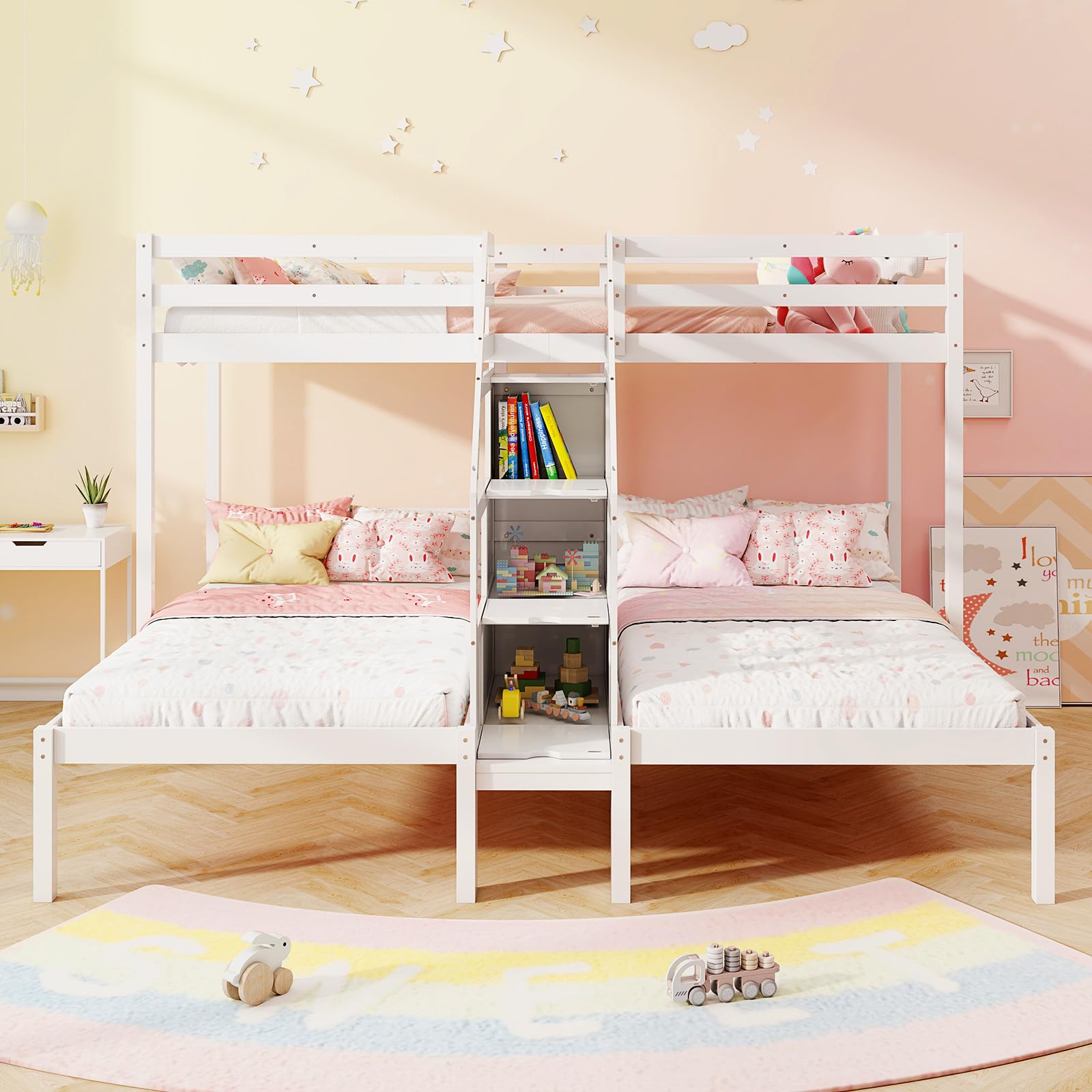 KOMFOTT Twin Over Twin & Twin Bunk Bed, Triple Bunk Beds with 4-Step Storage Stair, Guardrail & Solid Wood Structure