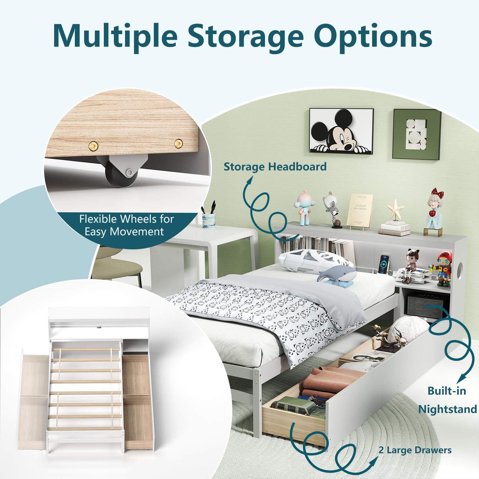 KOMFOTT Twin Wood Platform Daybed with 2 Drawers & Charging Station