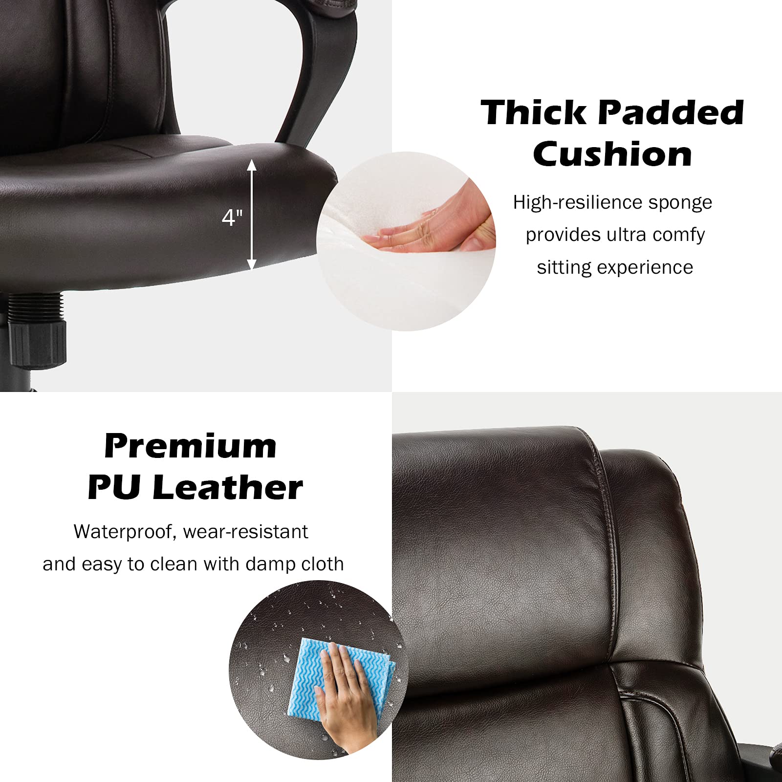 KOMFOTT Leather Modern Executive Chair, Ergonomic Mid Back Computer Desk Chair w/Padded Armrests