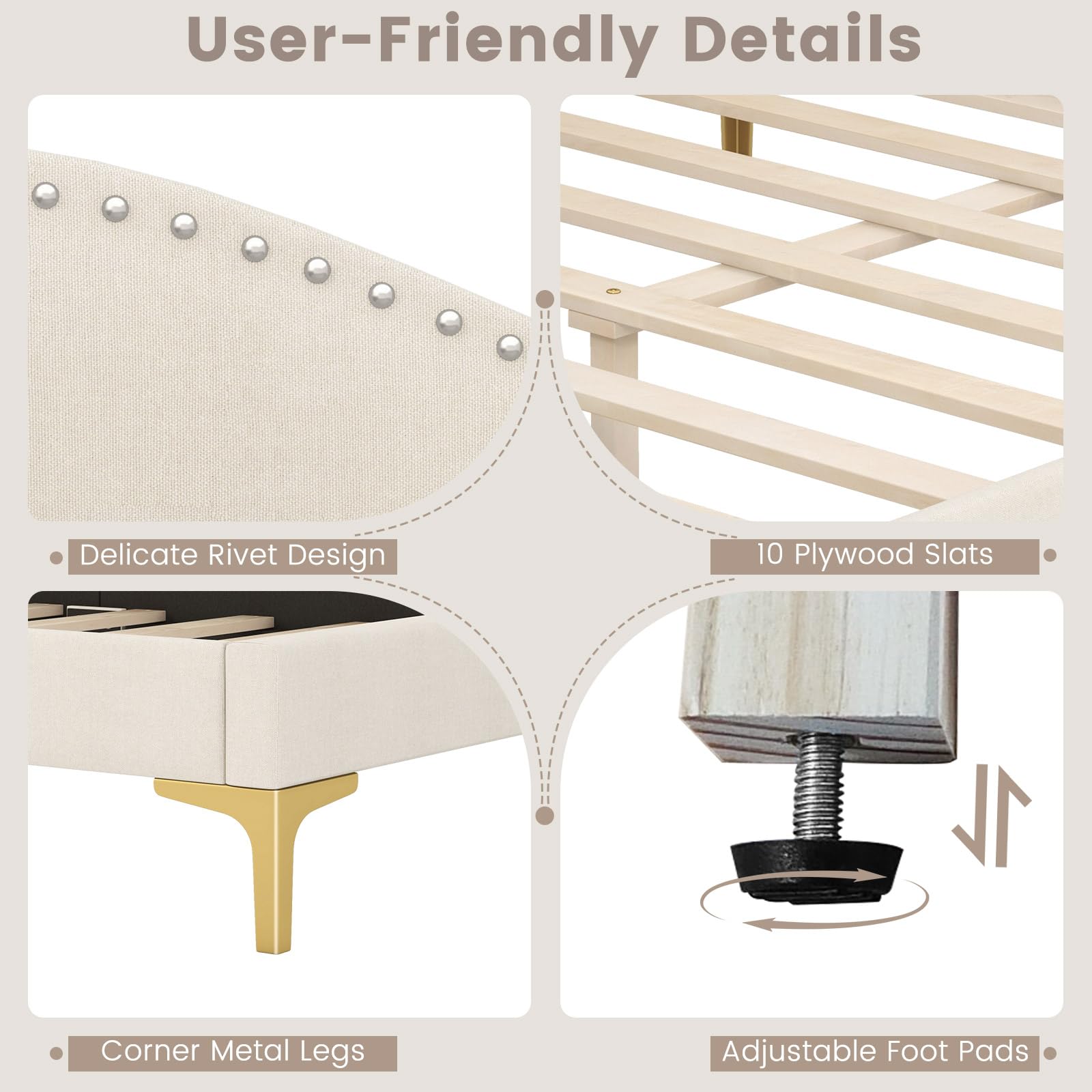 KOMFOTT Rivet-Tufted Platform Bed Frame with Headboard, Metal Legs & Wood Slats, L-Shaped Corner Sofa Bed