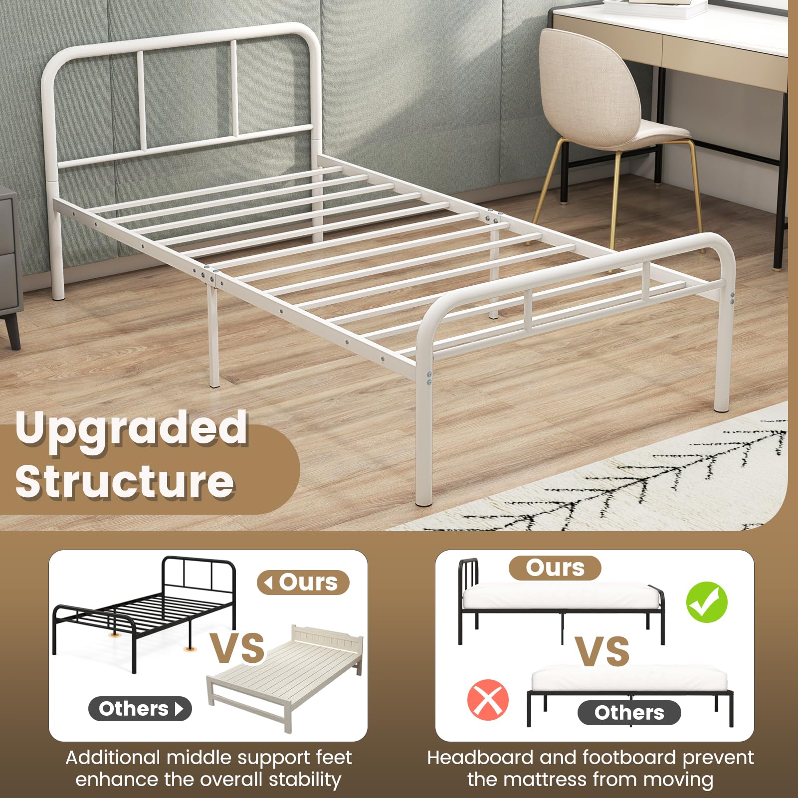 KOMFOTT Metal Platform Bed Frame with Headboard & Footboard