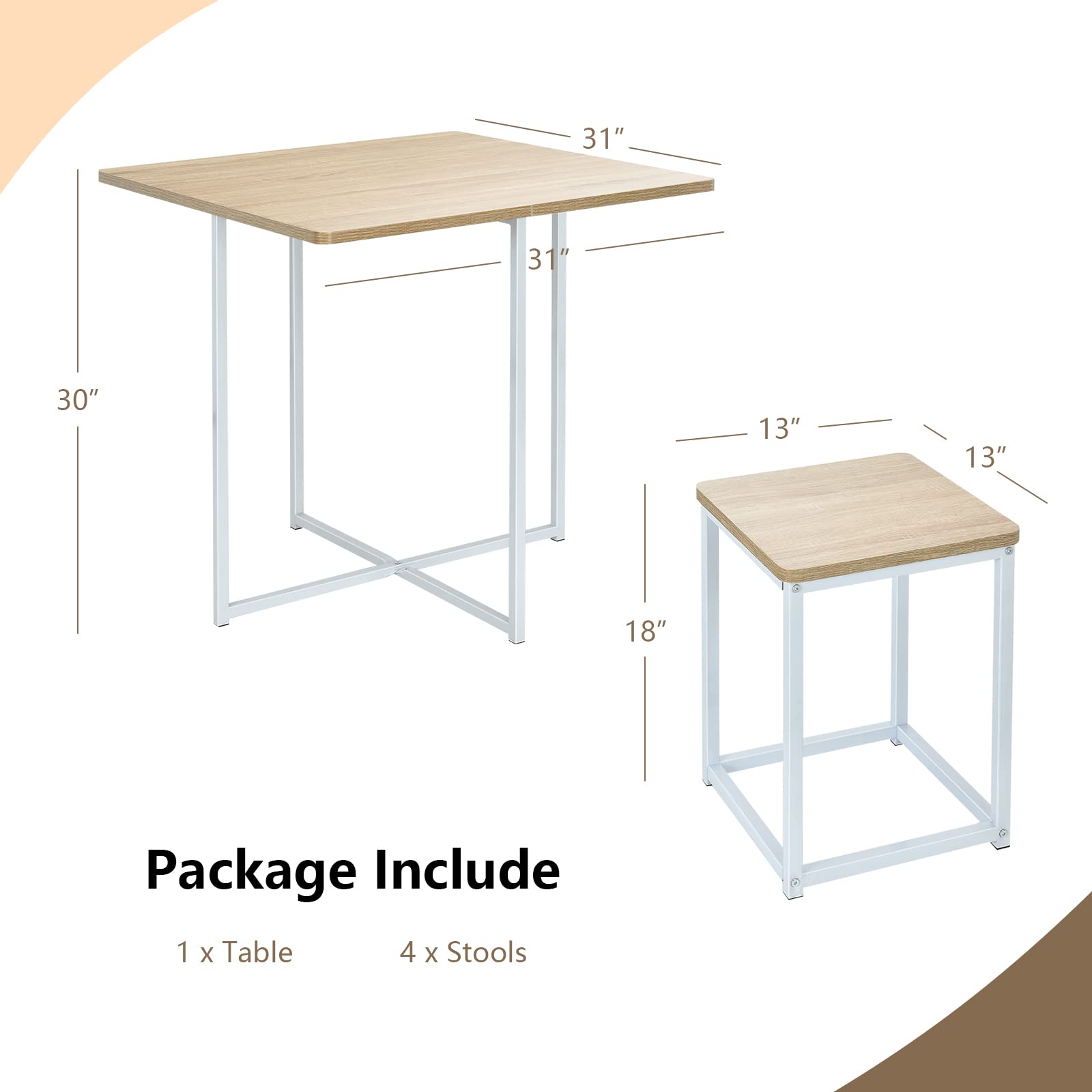 KOMFOTT 5 Piece Dining Table Set, Counter Kitchen Table and Chair Set for 4 Includes 1 Square Table and 4 Stools