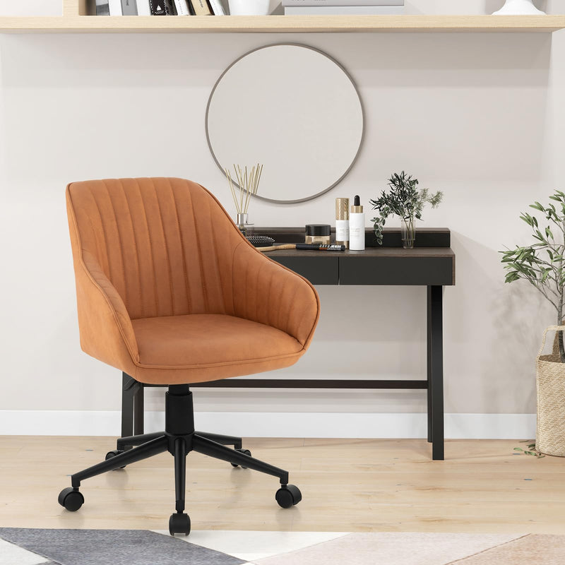 KOMFOTT Leather Office Chair Brown, Mid Century Desk Chair with Wheels and Ergonomic Armrests