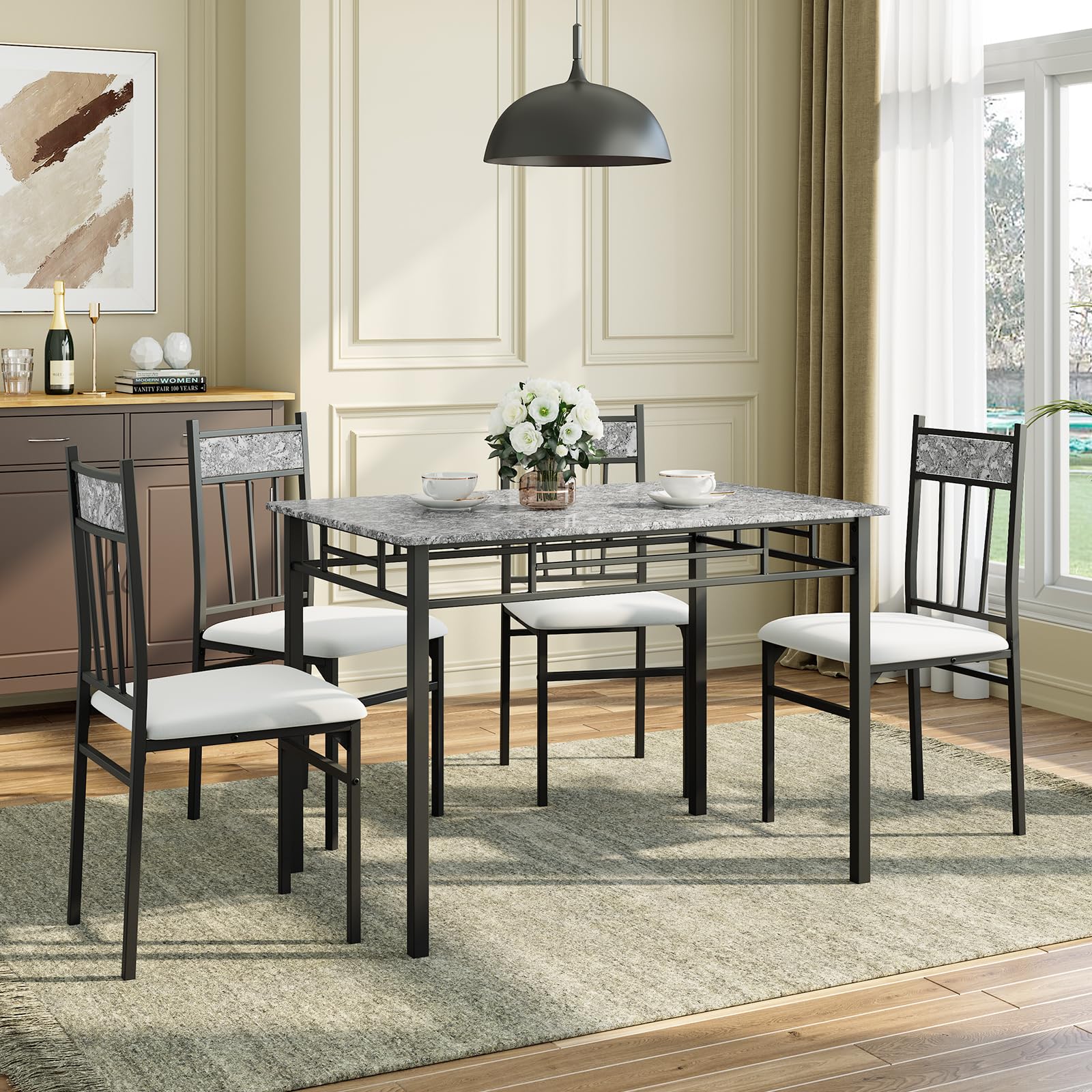 KOMFOTT 5 Piece Dining Table Set, Modern Rectangular Dining Table & Upholstered Chair Set w/Marble Tabletop