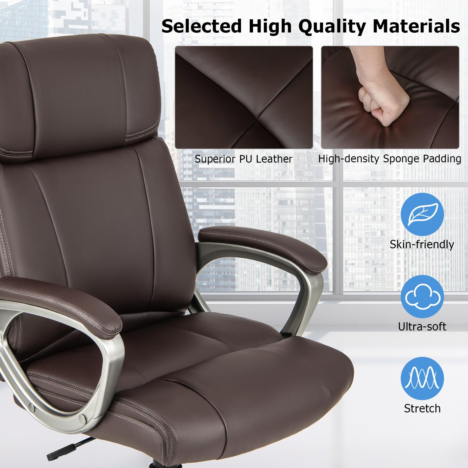 KOMFOTT PU Leather Executive Office Chair with Padded Armrests and Lumbar Support