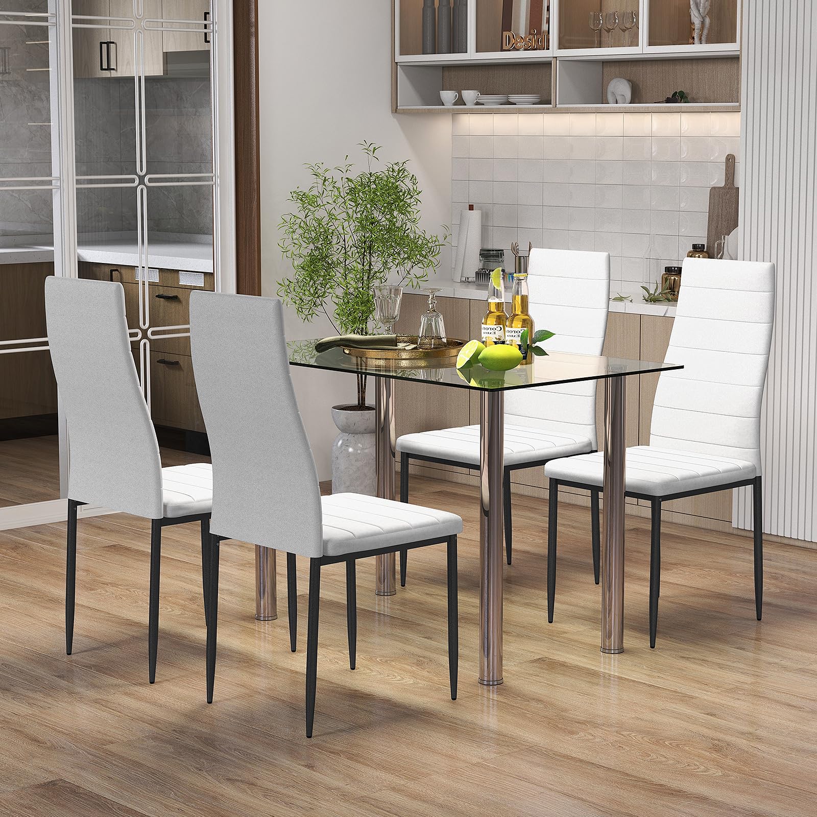 KOMFOTT 5 Piece Dining Table Sets, Modern Tempered Glass Top and PVC Leather Chair w/4 Chairs