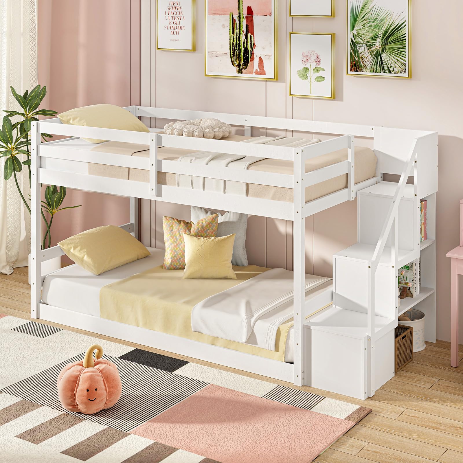 KOMFOTT Bunk Bed with Stairs, Solid Wood Floor Bunk Bed with Storage Staircase & Full-Length Guardrails