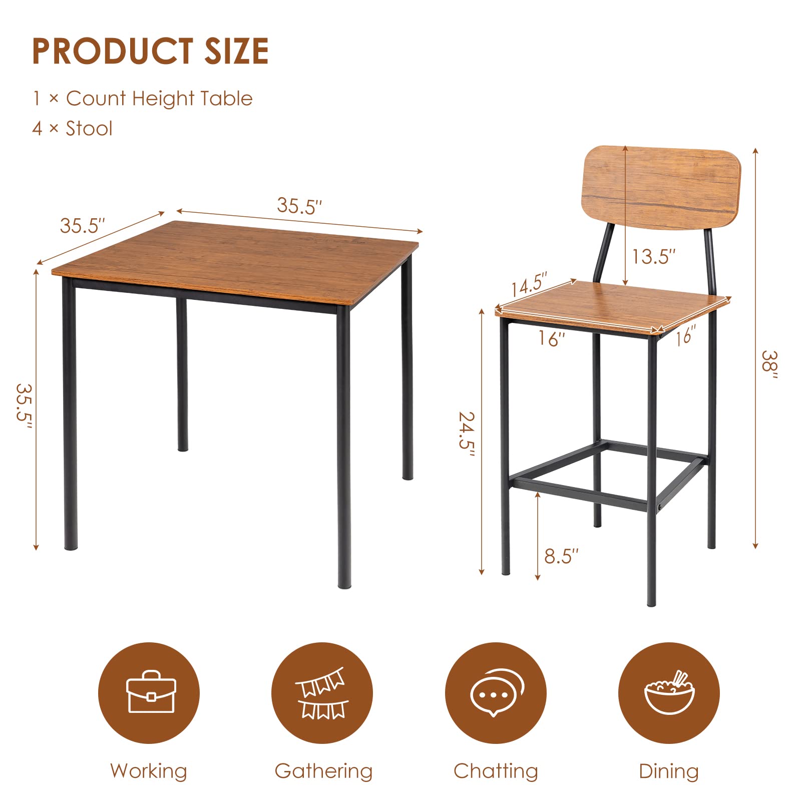 KOMFOTT 5 Piece Dining Table Set with Counter Height Table & 4 Bar Stools, Industrial Kitchen Dining Table Set  with Footrest & Backrest