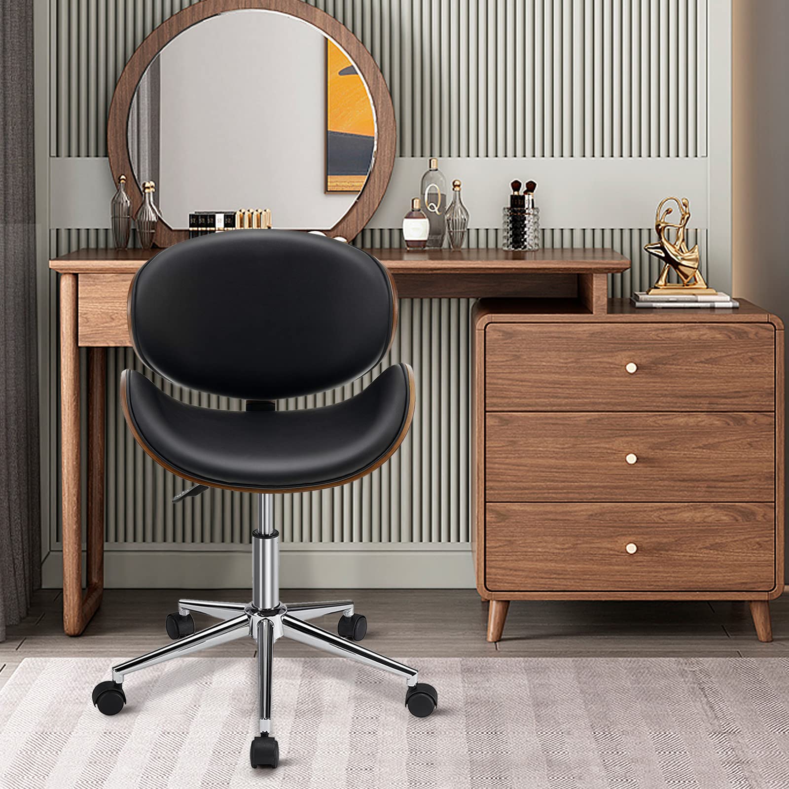 KOMFOTT Mid-Century Home Desk Chair, Faux Leather Armless Office Chair w/Curved Bentwood Seat & Height Adjustable