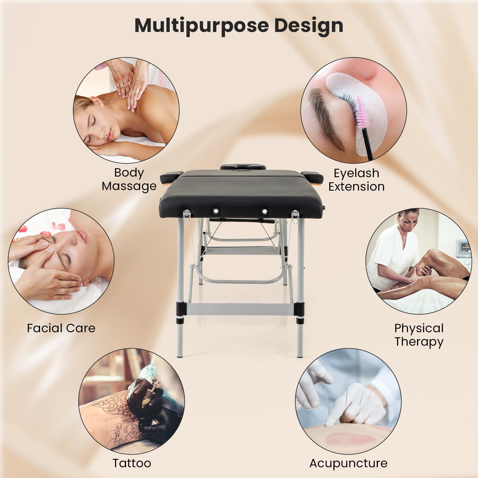 KOMFOTT Massage Table, Portable Massage Bed with Carrying Bag, 2 Fold Salon Spa Tattoo Bed, Height Adjustable