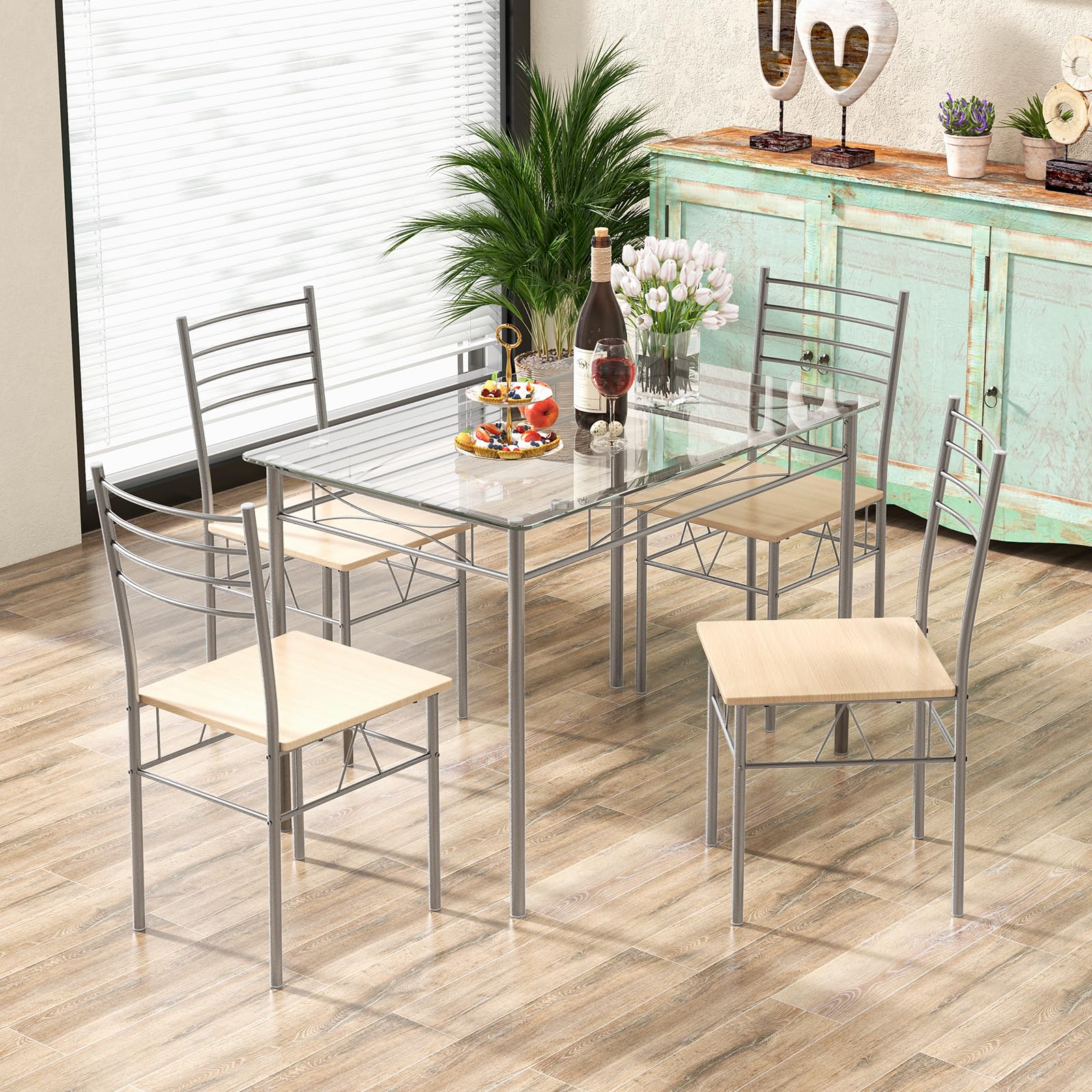 KOMFOTT 5 Piece Dining Table Set, Kitchen Dining Set with Tempered Glass Table Top and 4 Chairs