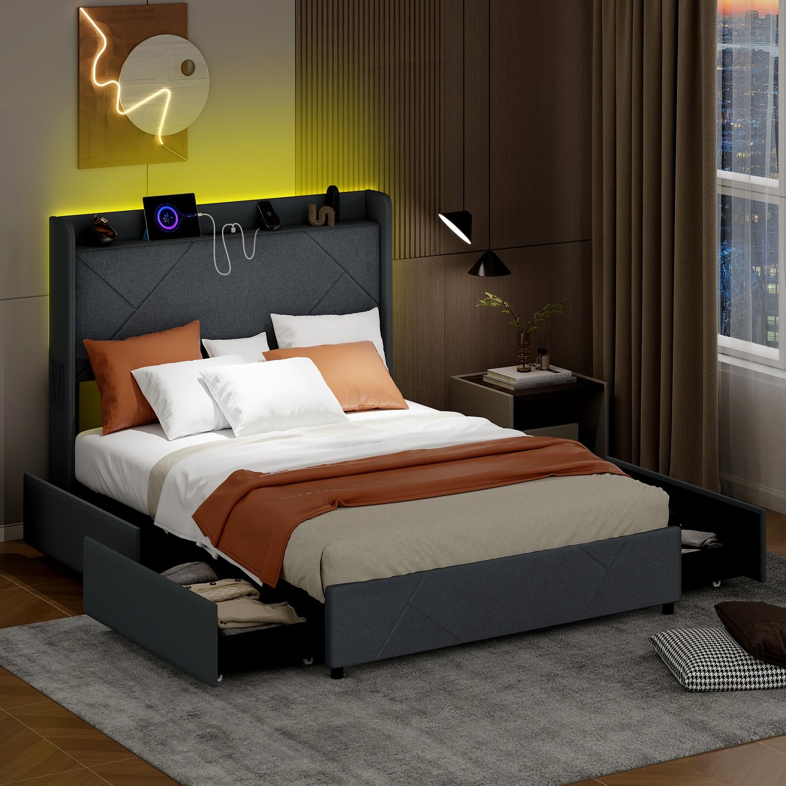 KOMFOTT Upholstered Bed Frame with 4 Storage Drawers & LED Lights, Wingback Headboard & Charging Station