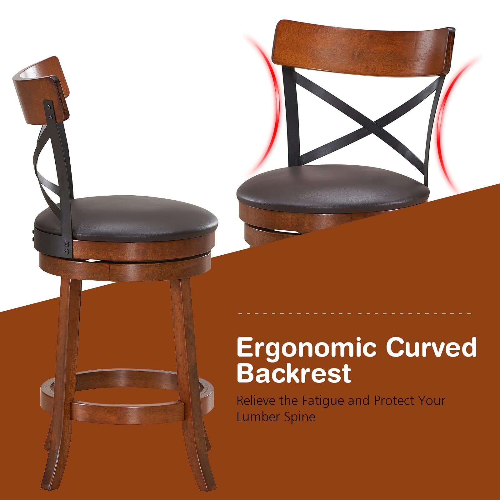 KOMFOTT Bar Stool Set of 2/4, 360-Degree Swivel Solid Wood Stools with Soft Cushion & Backrest